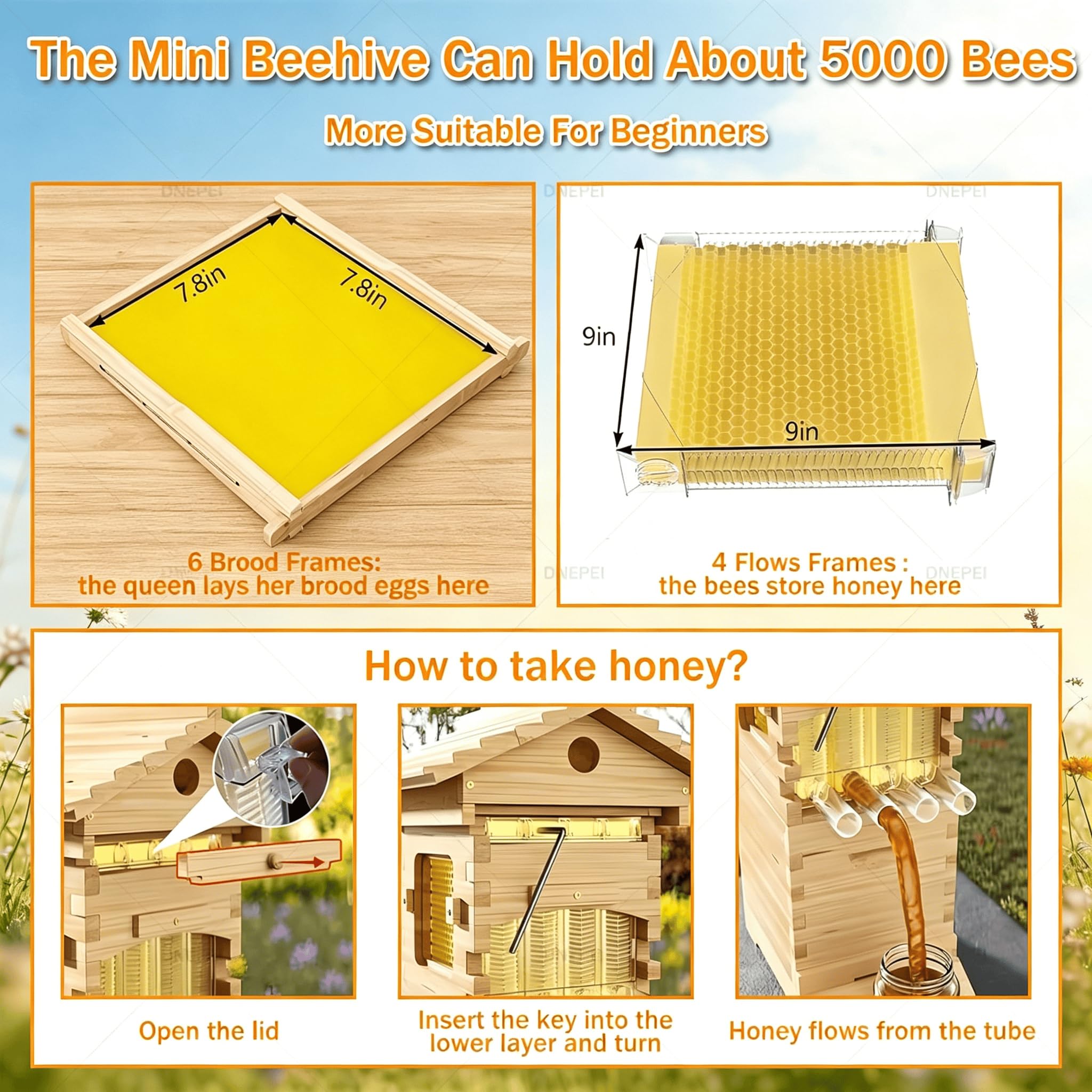 Kit De Démarrage pour Ruche Flow Hive, Comprenant 4 Cadres à Miel Automatiques Et 6 Cadres à Couvain Miel intégré pour l'apiculture de Jardin