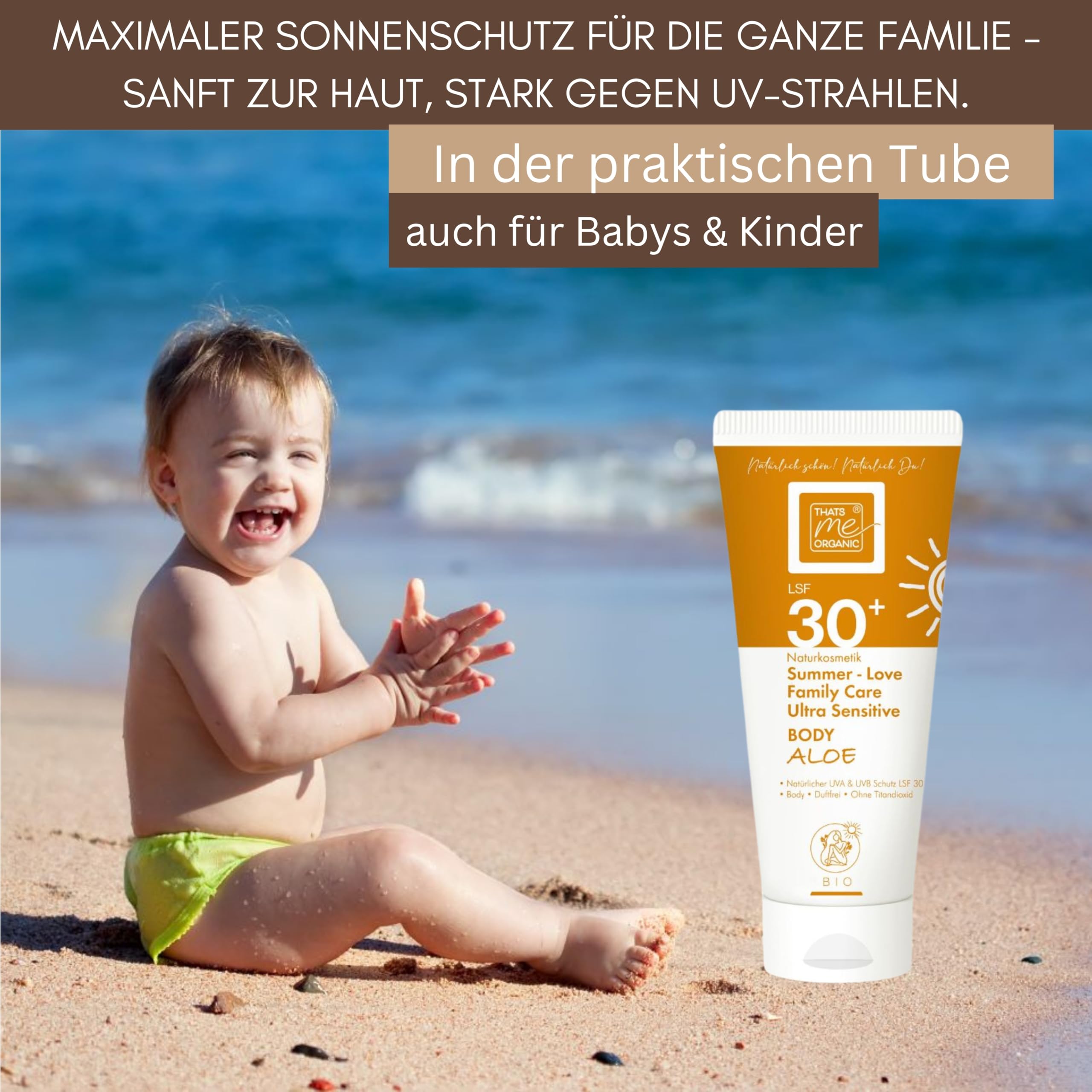 Thats me organic Bio Sonnencreme LSF30+ (200 ml) – Natürliche Sonnencreme für den Körper – vegan, wasserfest & ohne Weißfilm – Sonnenschutz für Kinder & Babys – NATRUE zertifiziert