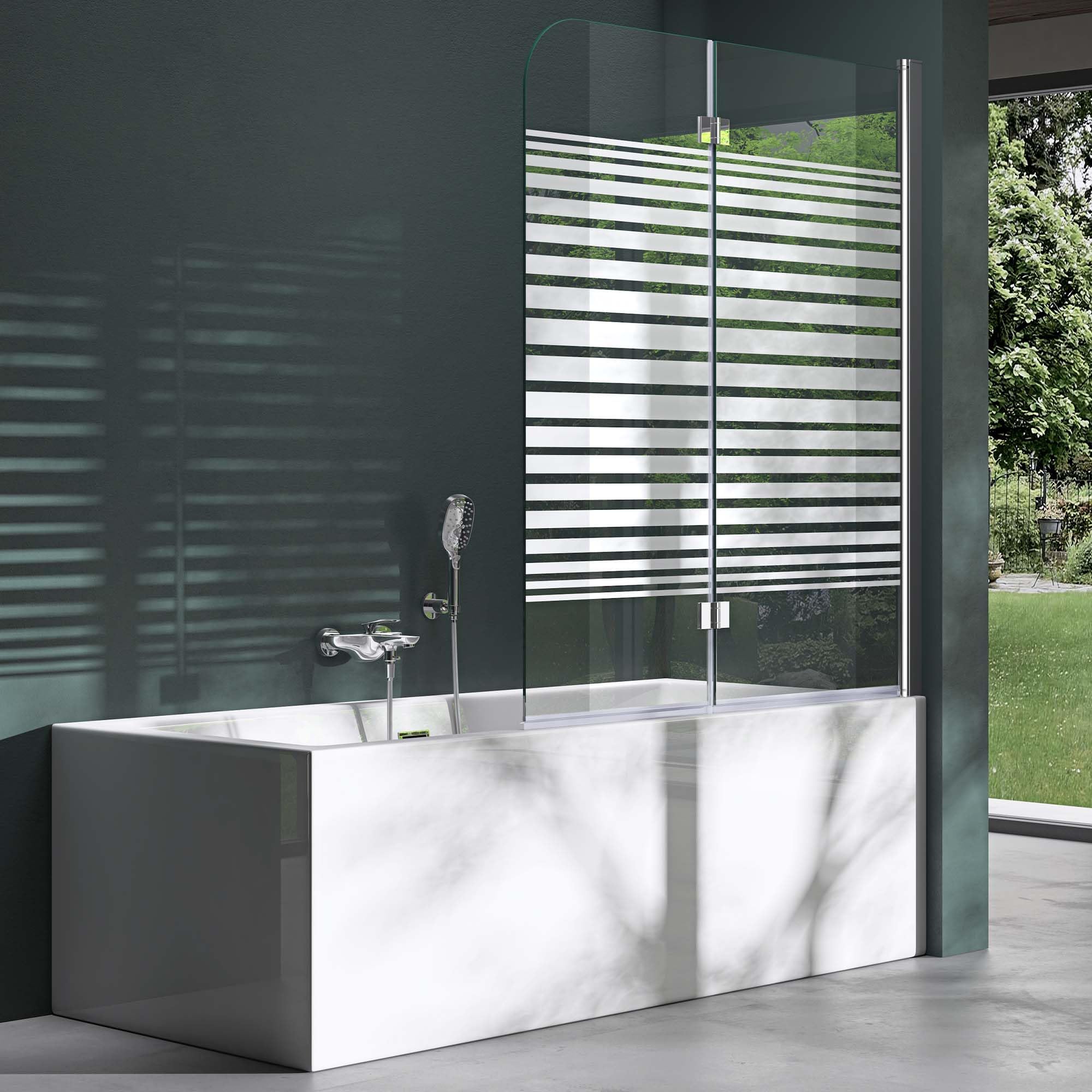 Mai & Mai Folding Shower Screen for Baths | Bath Shower Screen | WH: 120Ă140cm | Safety Glass with Nano | 2 Folding Screens | 180 Degree Pivot | Frosted Striped Glass | Cortona1408S