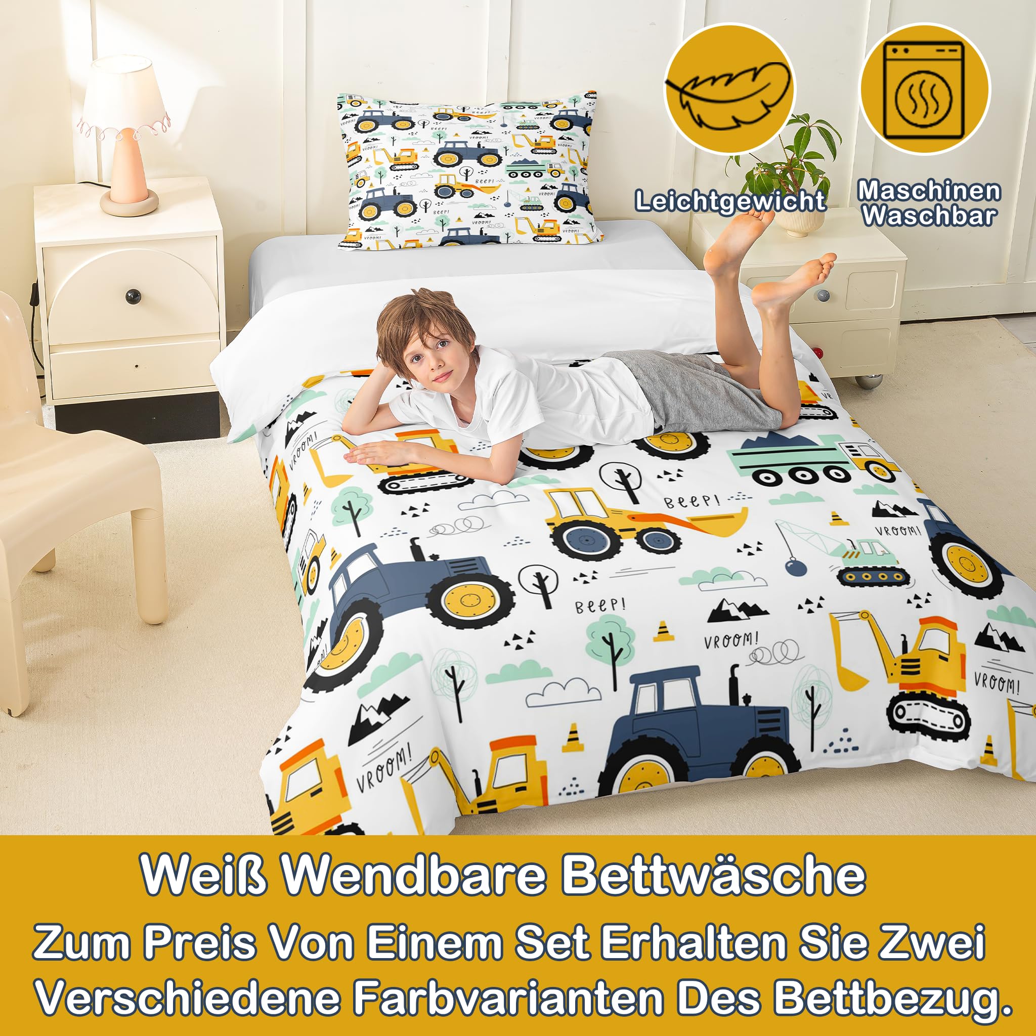 Homewish Bagger Bettwäsche Kinder 155X220, Cartoon Auto für Mädchen Jungen Jugendliche Bettbezug Süß Auto Muster LKW Traktor Wendebettwäsche Schlafzimmer Dekor Mikrofaser Mit 80X80 Kissenbezug