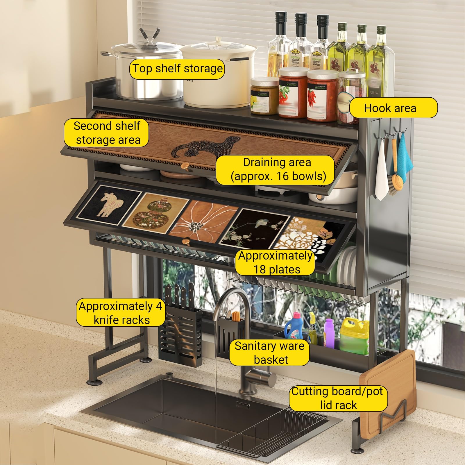 Escurridor de platos sobre el fregadero con tapa, soporte para utensilios de cocina que ahorra espacio para platos, vasos y cubiertos, ideal para cocinas pequeñas