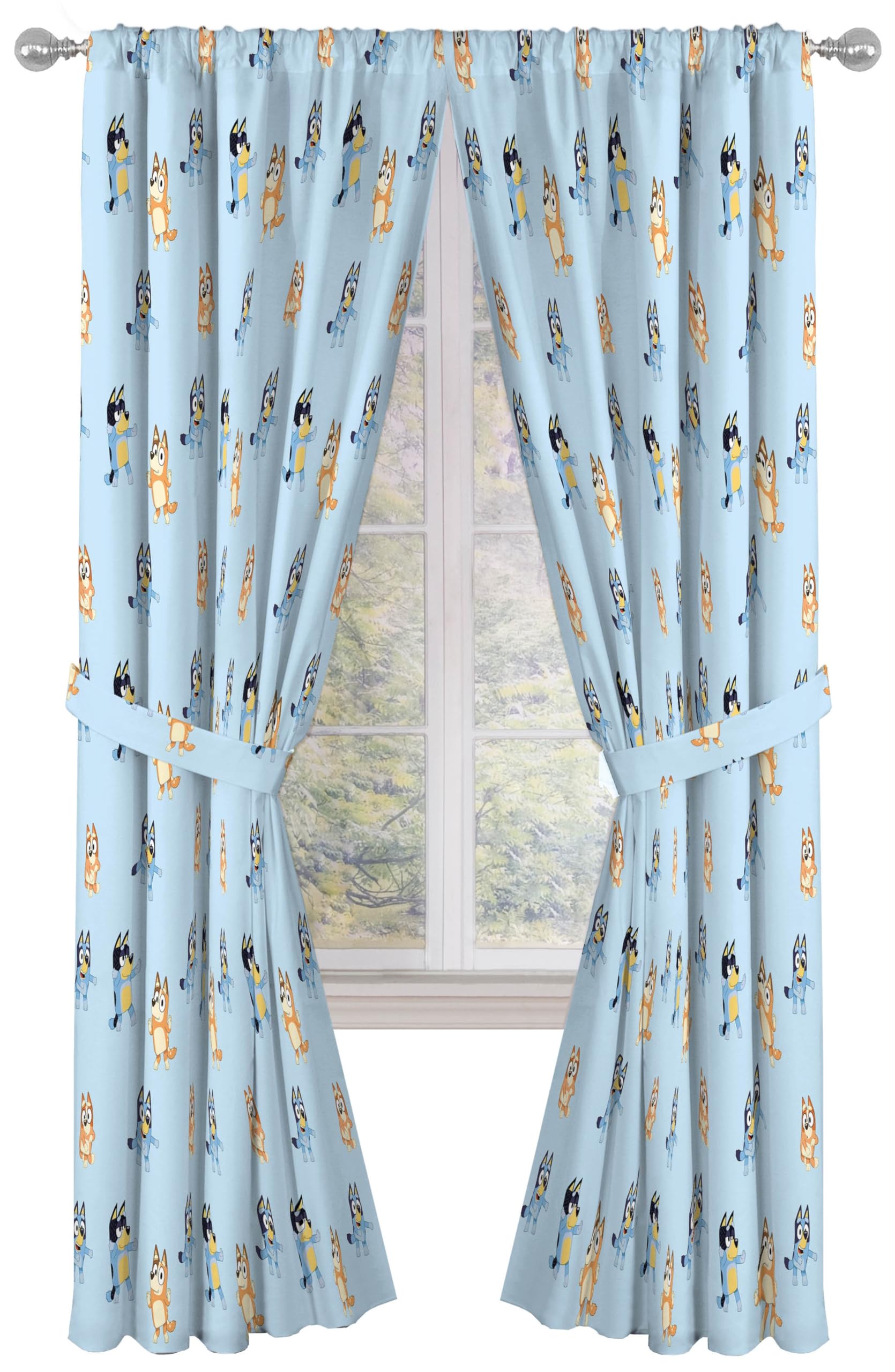 Jay Franco Black Out Window Curtains for Kids Bedroom 4-Piece Drape Set with 2 Tiebacks, Blue - Bluey, 42