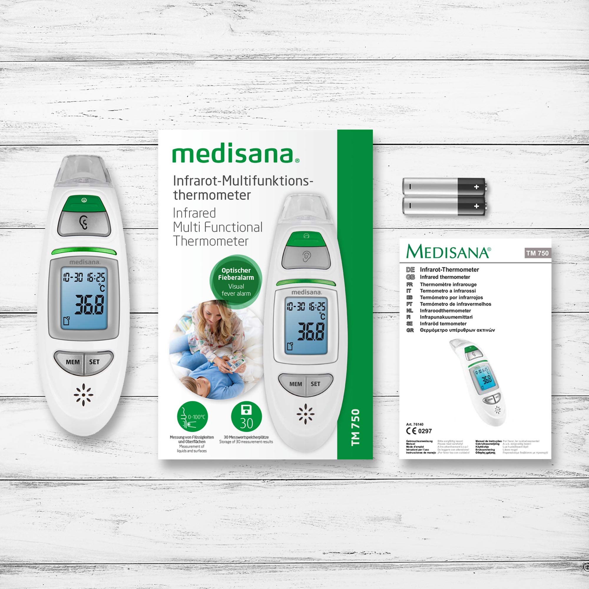 medisana TM 750 Fieberthermometer 6in1, Stirnthermometer für Baby, Kinder und Erwachsene, Ohrthermometer mit visuellem Fieberalarm, Thermometer digital mit Speicherfunktion, Messung von Flüssigkeiten