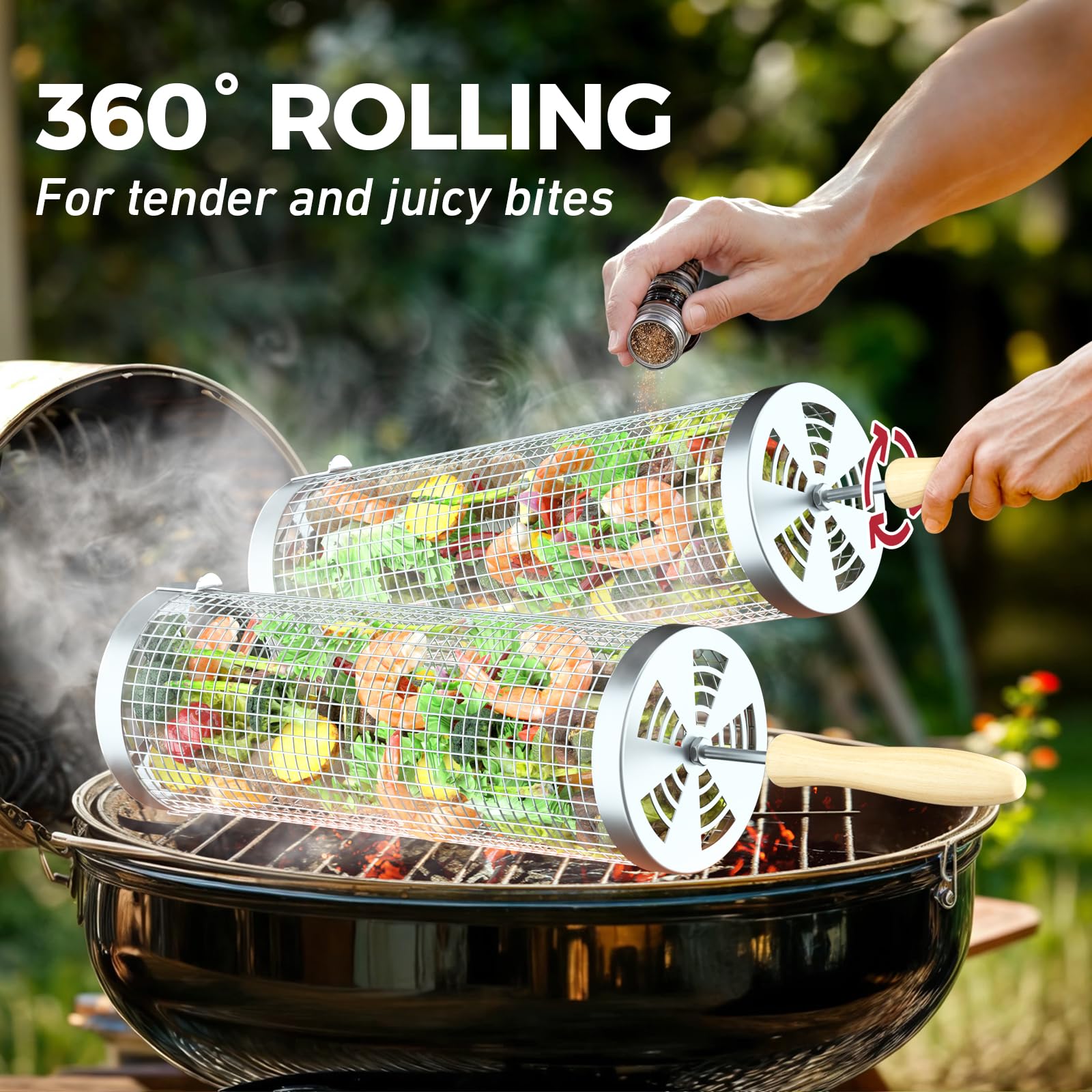 Cesta de parrilla con ruedas (2 unidades), mango de madera extraíble, acero inoxidable 304, accesorios de parrilla para verduras, carne, alimentos, campamento al aire libre, regalos de cumpleaños para 3