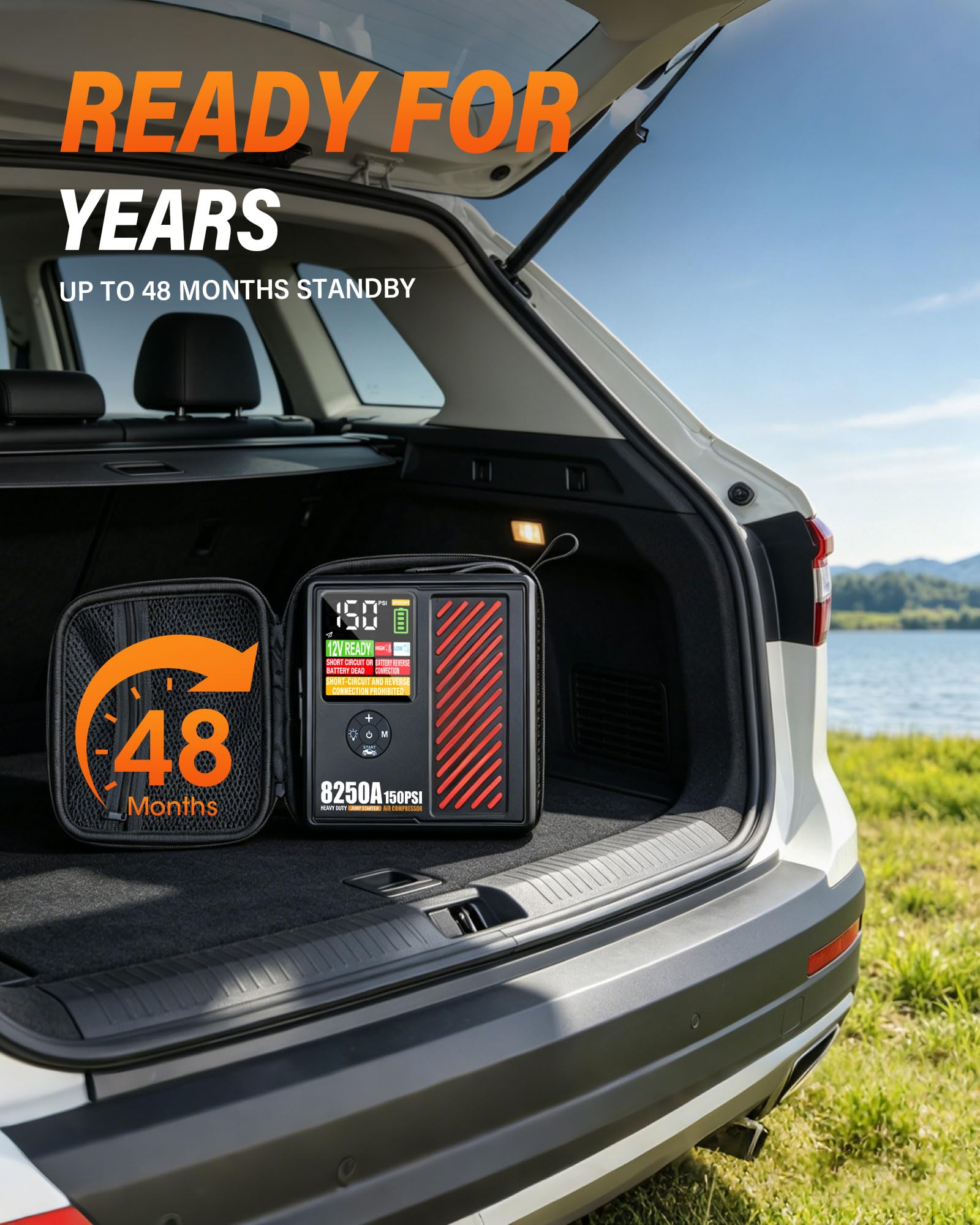 Arrancador portátil de coche de 8250 amperios con compresor de aire, inflador de neumáticos seguro de 150 PSI, inflado rápido de 40 l/min con apagado automático de 12 V, 760 CCA, arrancador de batería