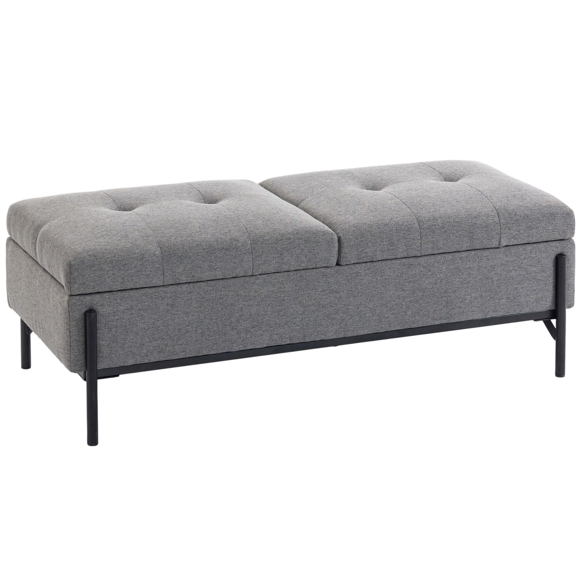 HOMCOM Sitzbank mit Stauraum, Polsterbank 117x50x44 cm mit 2 Fächern, aufklappbaren Doppeldeckeln, Leinenoptik, Bank mit Sicherheitsscharnieren bis 240kg für Wohnzimmer, Schlafzimmer, Flur, Grau