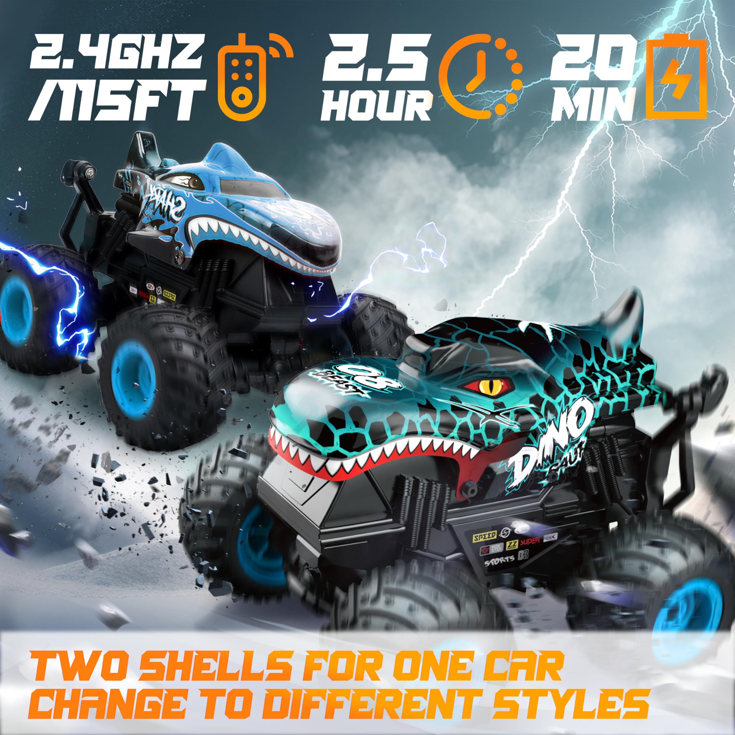 BEZGAR Monster Truck Toys - Remote Control Monster Trucks with Light & Music, Dinosaur Toys for Kids, 1:20 Scale RC Truck with 360° Spins and Drifting, Remote Control Car for Boys with Two Car Shells