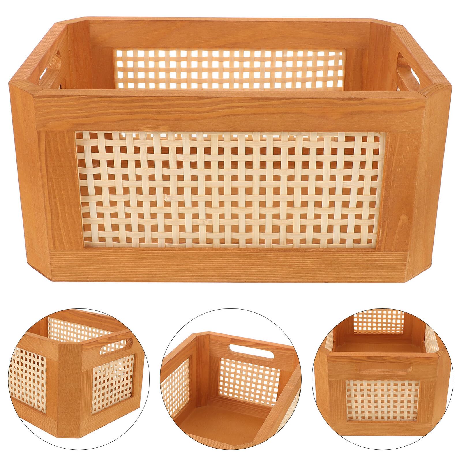 Geflochtener Aufbewahrungskorb aus Rattan Mittlerer Retro Organizer mit Griff Atmungsaktives Hohles Design für Bad Schlafzimmer und Büro 30 X 20 X 14cm
