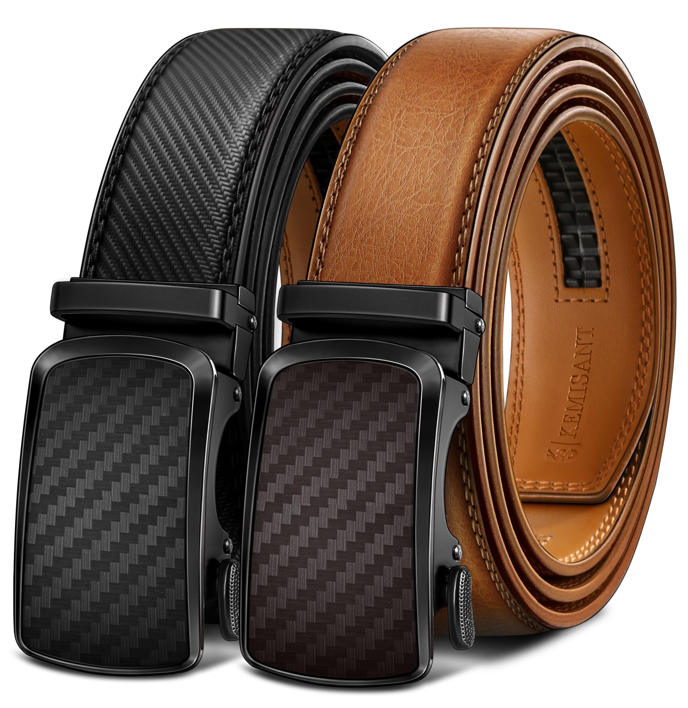 KEMISANT Ratchet Belt For Men 2 Pack Slide Leather Belt Adjustable For Gift Men Dress Casual Pants Jeans-Cut
