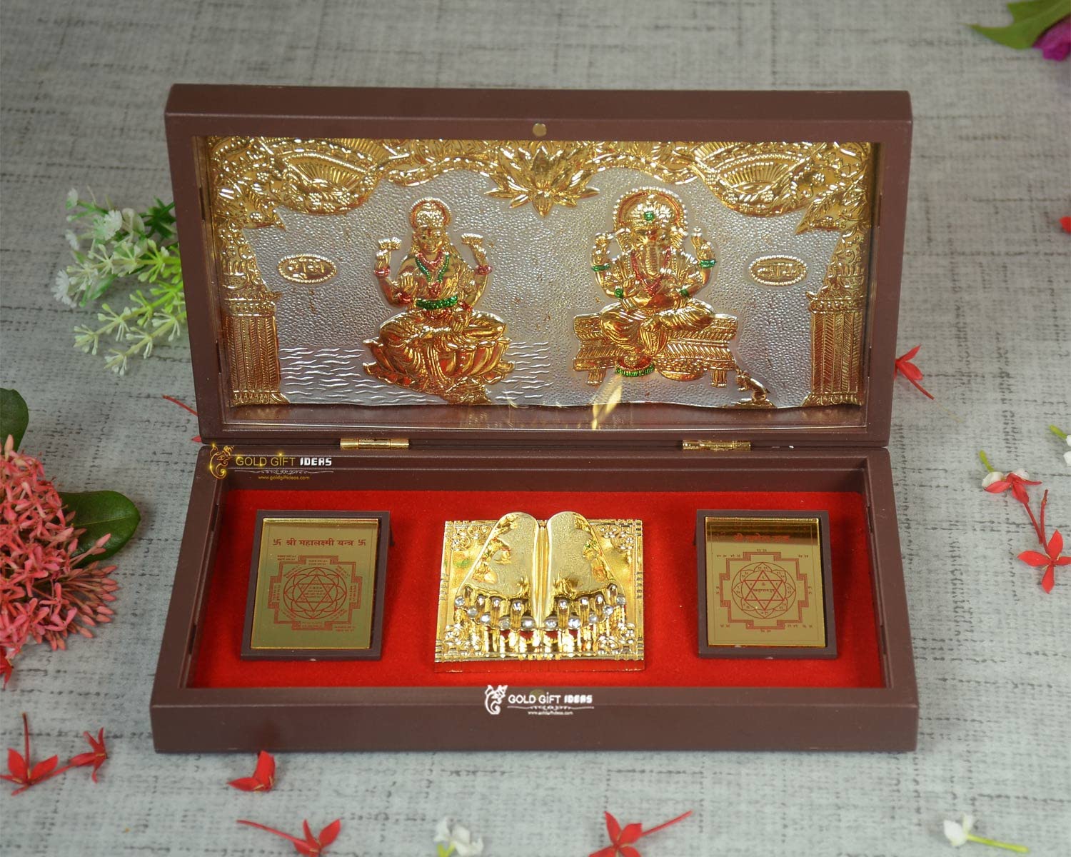 GoldGiftIdeas 24K Gold Plated Mahalakshmi Ganesha Photo Frame with Charan Paduka for Home Puja, Return Gifts for Pooja, Lakshmi-Ganesh Yantra Wooden Momento Gift, Prosperity Gift