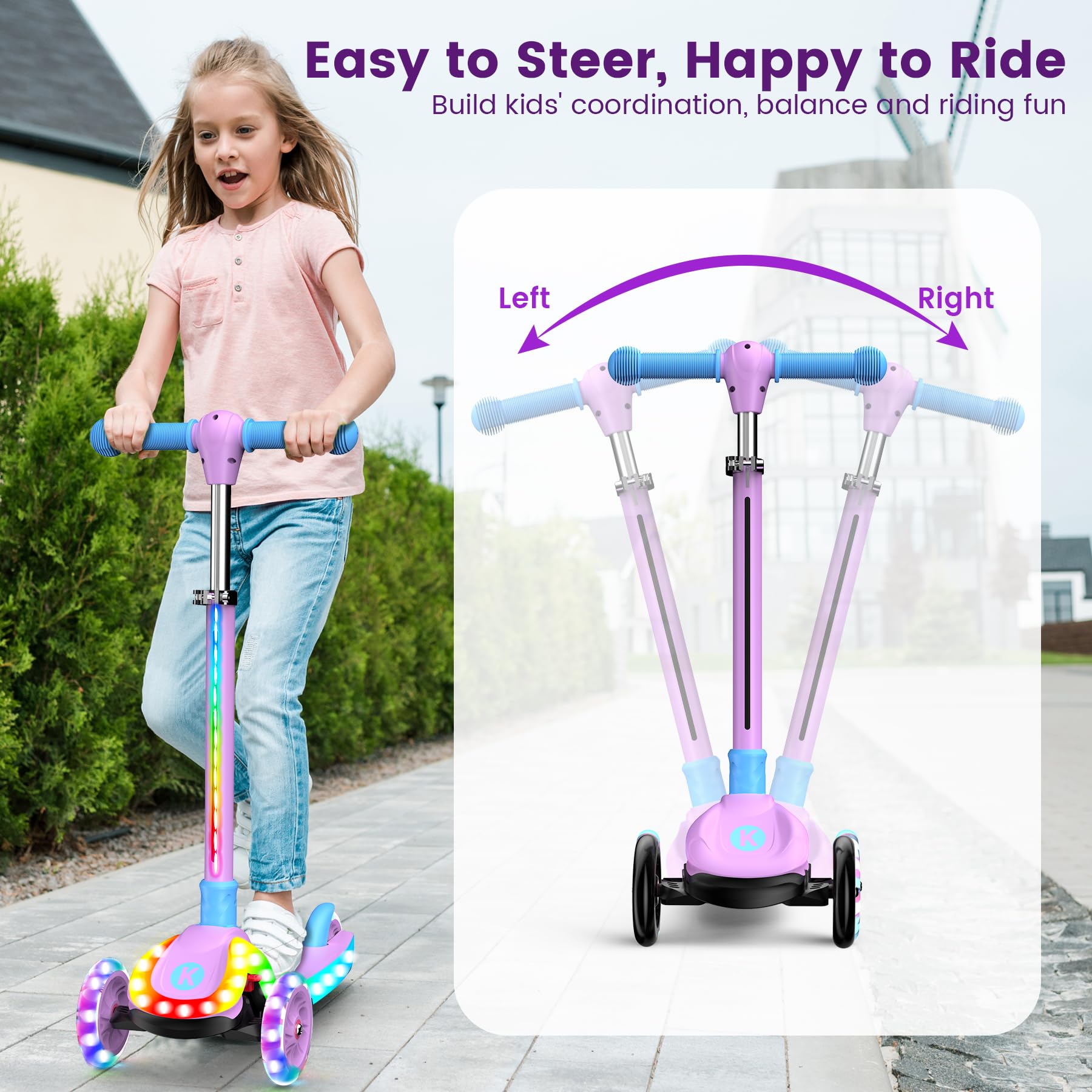 2-in-1 Verstellbarer Kinderroller, 3–12 Jahre, 5-stufiger Lenker, Abnehmbarer Sitz, LED-Räder, faltbar, Pink (Mädchen & Jungen) Schwarz