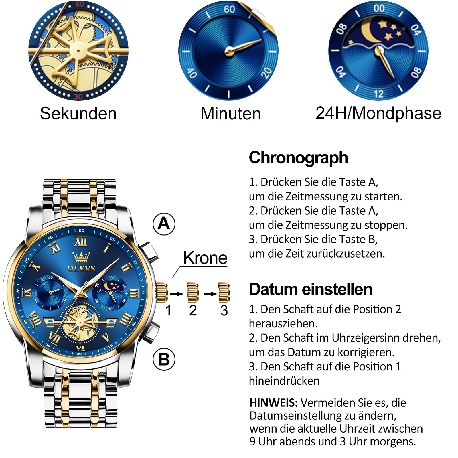 OLEVS Uhren Herren Chronograph Wasserdicht Analog Quarz Uhr Herren Mode Lässig Business Leuchtend Edelstahl Großgesicht Herrenuhr