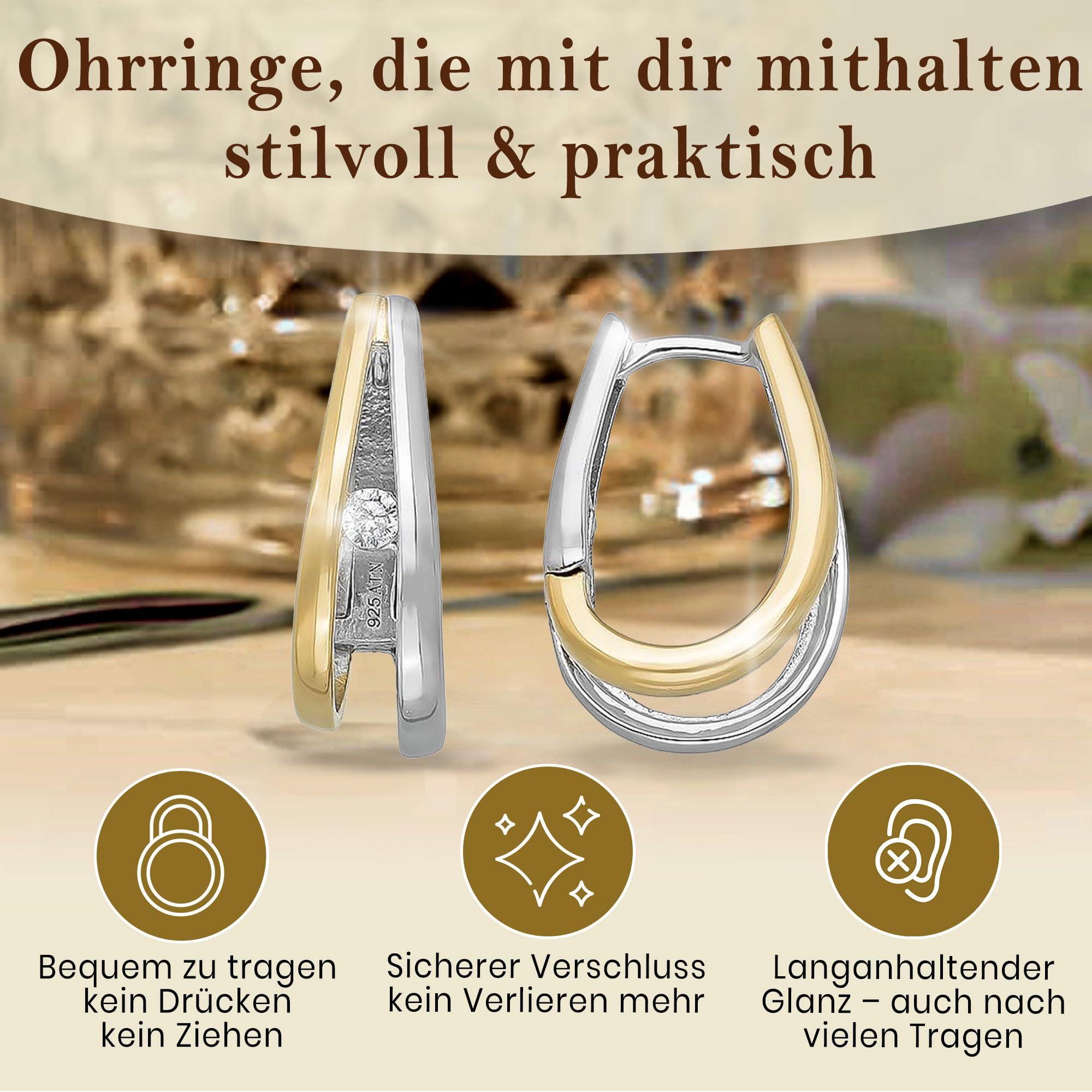 CASSINI Bicolor Ohrringe Silber 925 – Silber-Goldene Creolen Silber 925 Mittelgroß mit Zirkonia aus Sterling Silber, Rhodiniert mit Scharnier, Ohrringe Allergiefrei, ca. 13mm, Nickelfreier – 3CAL