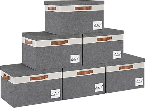 Miniatura 33 de GhvyenntteS Contenedores de almacenamiento extra grandes con tapas, cajas de almacenamiento plegables de tela con tapas y 3 asas de cuero, cestas