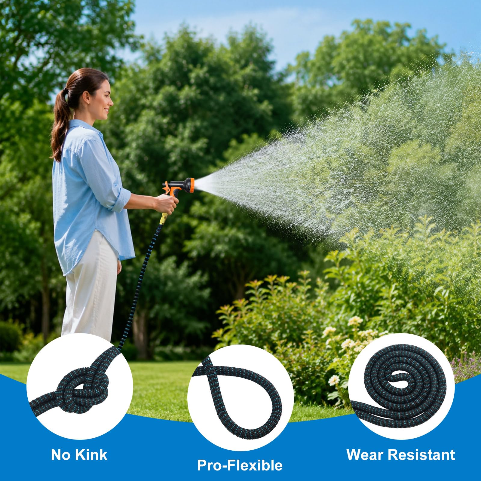 Flexibler Gartenschlauch 22,5m, Wasserschlauch mit 10-Funktions-Sprühdüse, 3-lagiger Latex & 3300D Gewebe, Anti-Knick, inkl. Messingadapter (1/2" & 3/4") und Universaladapter, Tasche & Haken