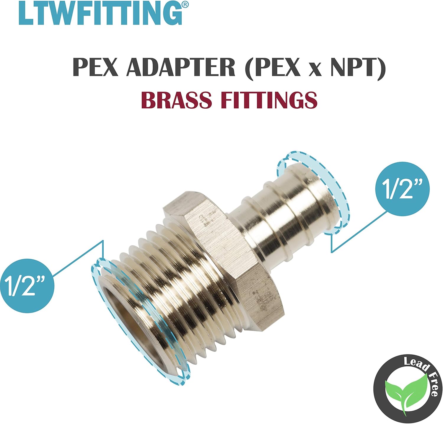 LTWFITTING No Lead Brass PEX Adapter Fitting 1/2-Inch PEX x 1/2-Inch Male NPT Crimp Adaptor (Pack of 5)