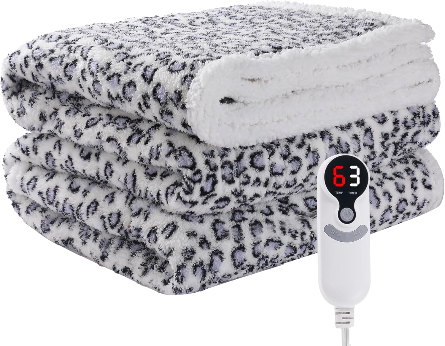 Electric Heated Blanket Full Size 72"×84" with 9 Heating Levels & 1-10Hs Auto Off, Plush Sherpa, Energy Efficient, Machine Washable, for Couch & Bed, Leopard Print Blue & White