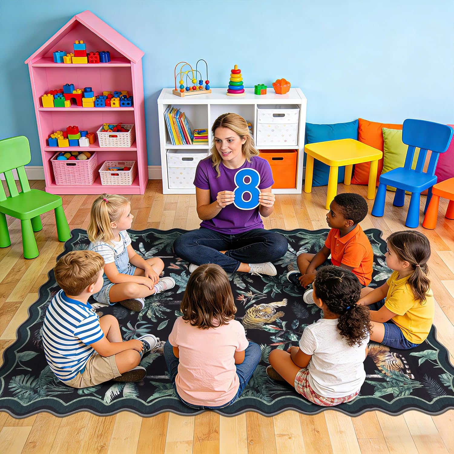 U'Artlines Tiger Area Rug for Playroom,8x10 ft Washable Kids Rug, Non Slip Stain Resistant Large Carpet for Living Room,Soft Low Pile Jungle Animal Print Rug for Kids Classroom Dorm Dining Room