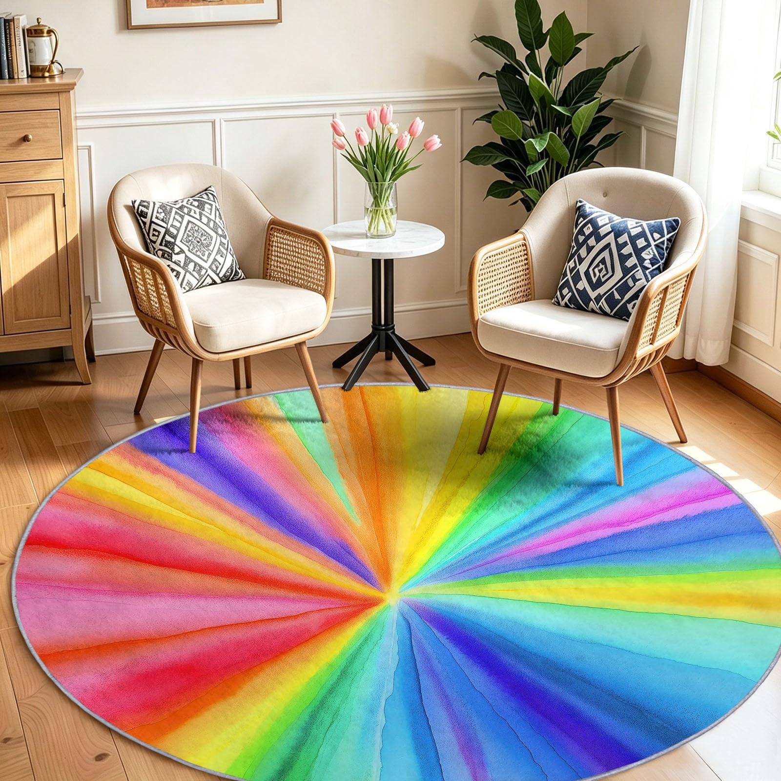 Tapis Rond Lavable en Machine pour Enfants 160 cm, Poils Doux et Facile à Entretenir Arc‑En‑Ciel Interieur Chambre à Coucher Salon Bureau Tapis Antidérapant Couleurs Résistantes Rayons Solaires