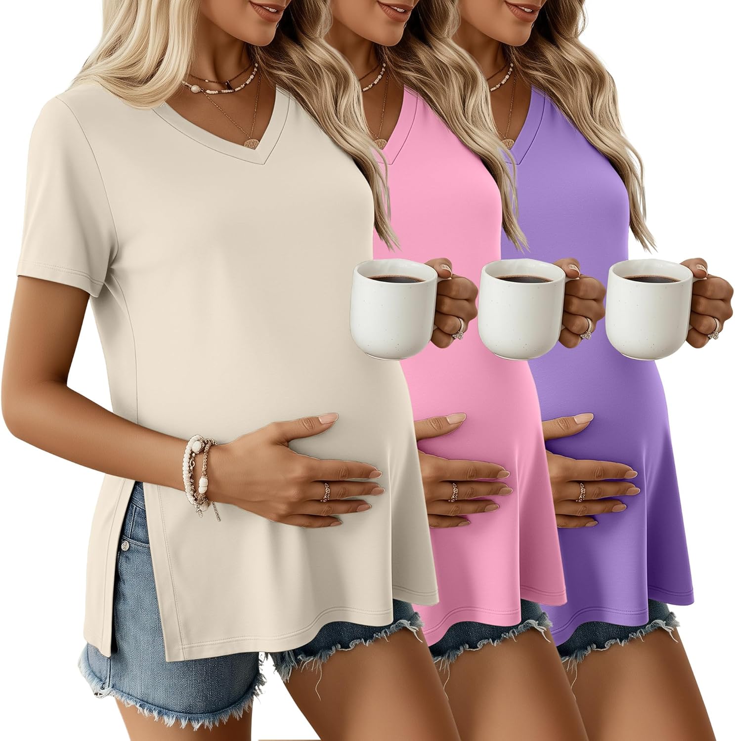 Ficerd 3 Pack Women's Maternity Shirts Short Sleeve Pregnancy T-Shirts V Neck Split Side Tops Casual Soft Maternity Clothes