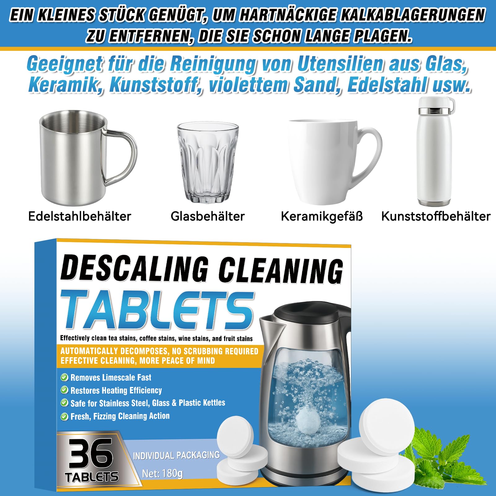 Pastillas Limpiadoras para Botellas de Agua Erigathe 36 unidades, para Todo Tipo de Recipientes de Acero Inoxidable, Termos, Plástico y Vidrio - Limpieza Profunda