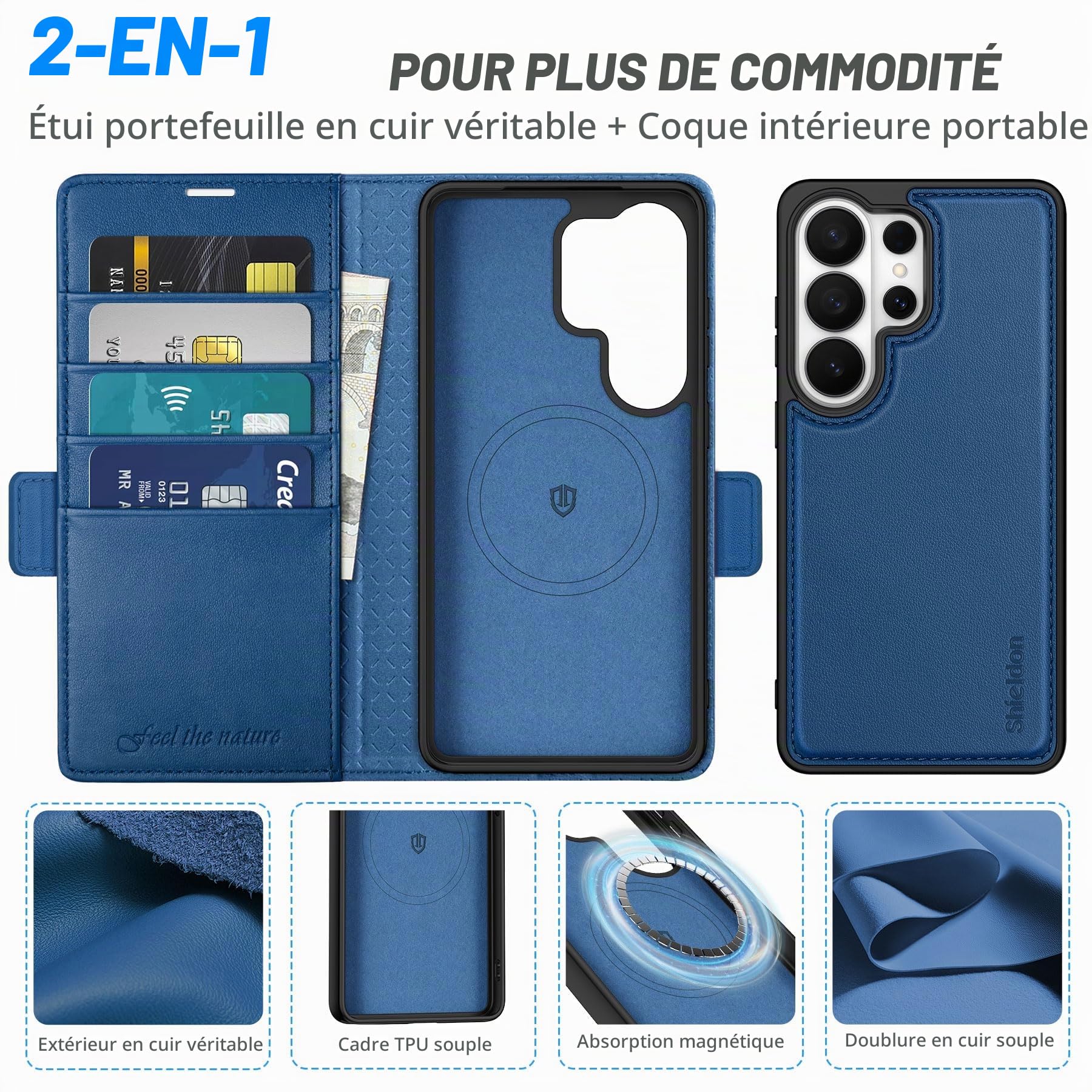 Shieldon Étui 2 en 1 Cuir Véritable pour Galaxy S26 Ultra 6.9", Bleu Royal