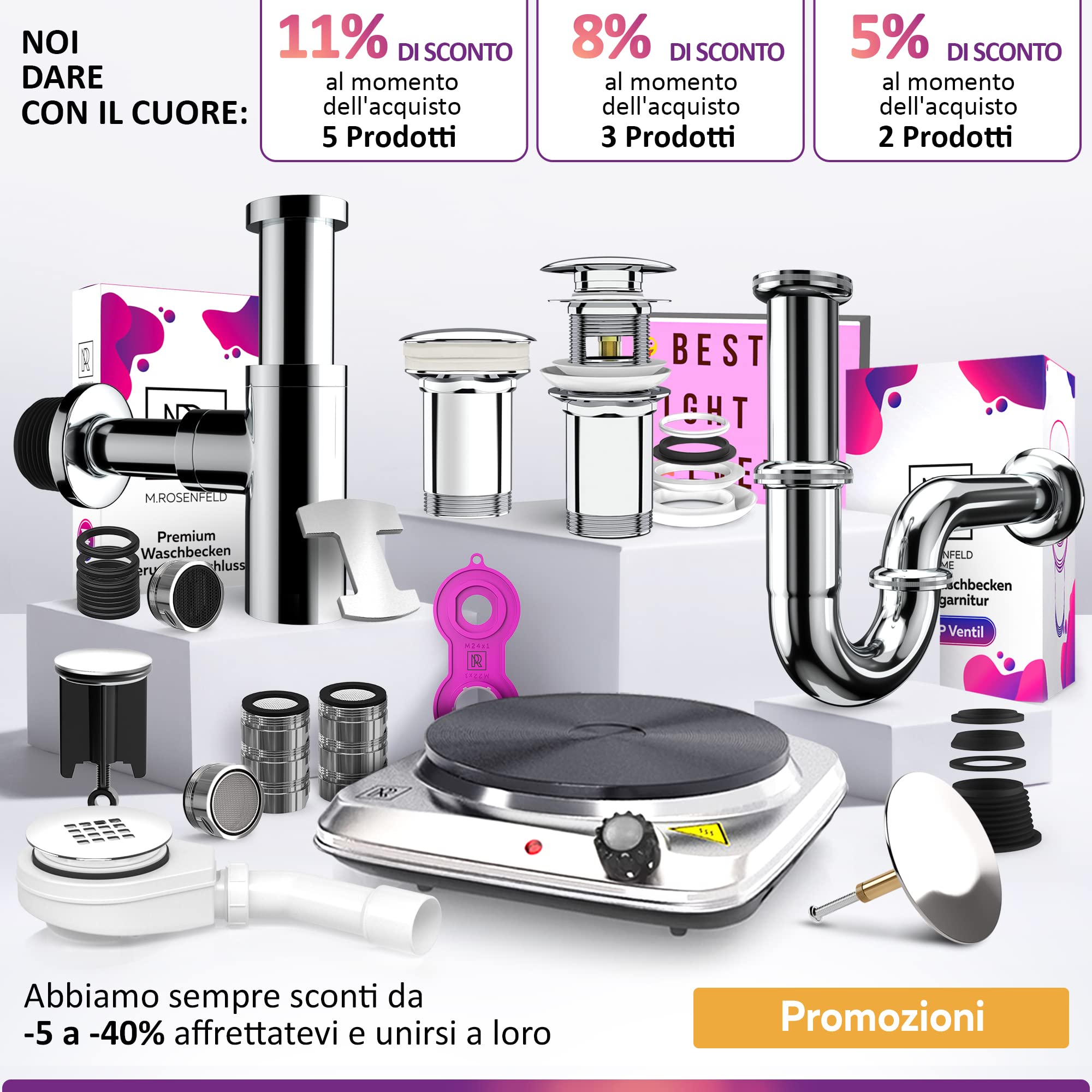 M. ROSENFELD HOME Sifone Design, Ottone Chrome Scarico Lavabo da Bagno con tubo di scarico flessibile (ChromeDesign, Acciaio inossidabile + Ottone)