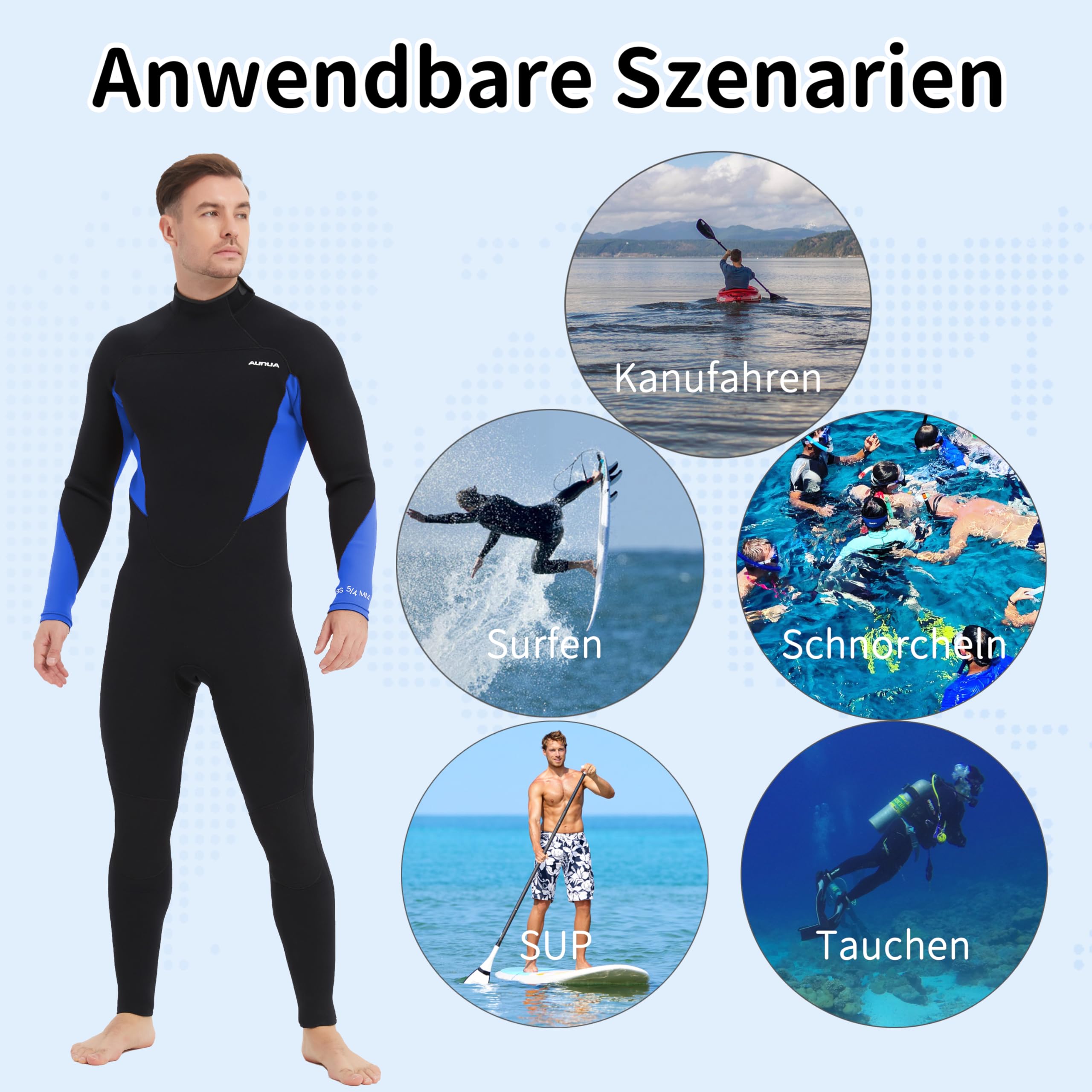 Herren Neoprenanzug 5 mm, Rückenreißverschluss, Vollanzug, Superelastisches Neopren, GBS-Nähte, Surfanzug