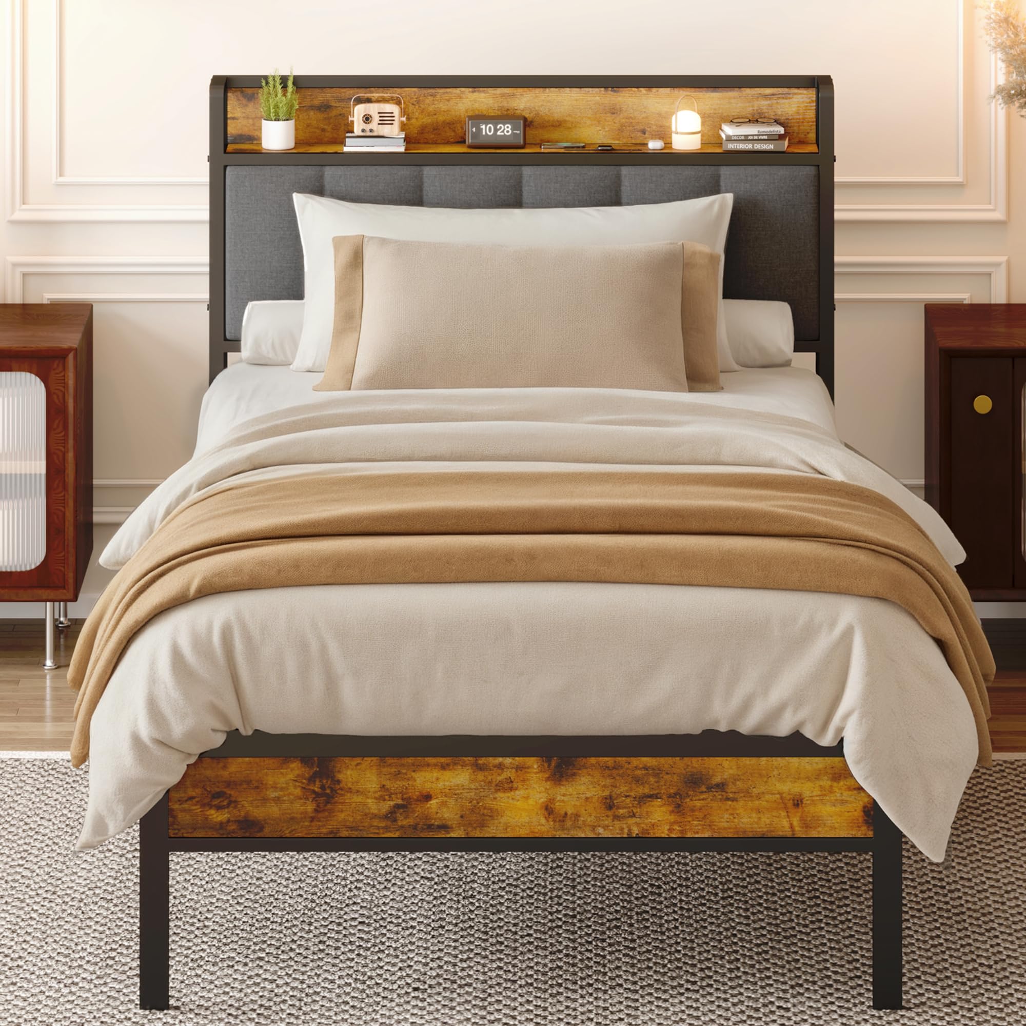 Gizoon Twin Bed Frame, Metal Bed Frame with Storage Headboard, Sturdy and Stable, All-Metal Support, Noise Free, No Box Spring Needed, Easy Assembly