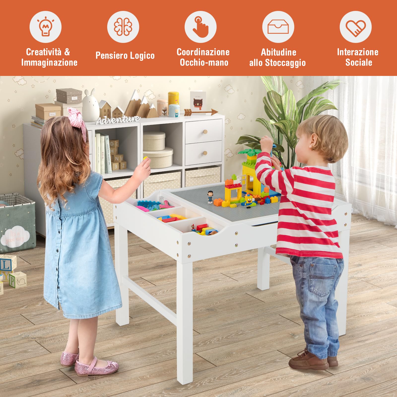 COSTWAY Tavolo da Gioco per Bambini in Legno con Piano Reversibile, Tavolo Multiattività Bambini 2 in 1, Porta Rotolo di Carta da Disegno, per Camera da Letto, Soggiorno (Bianco)