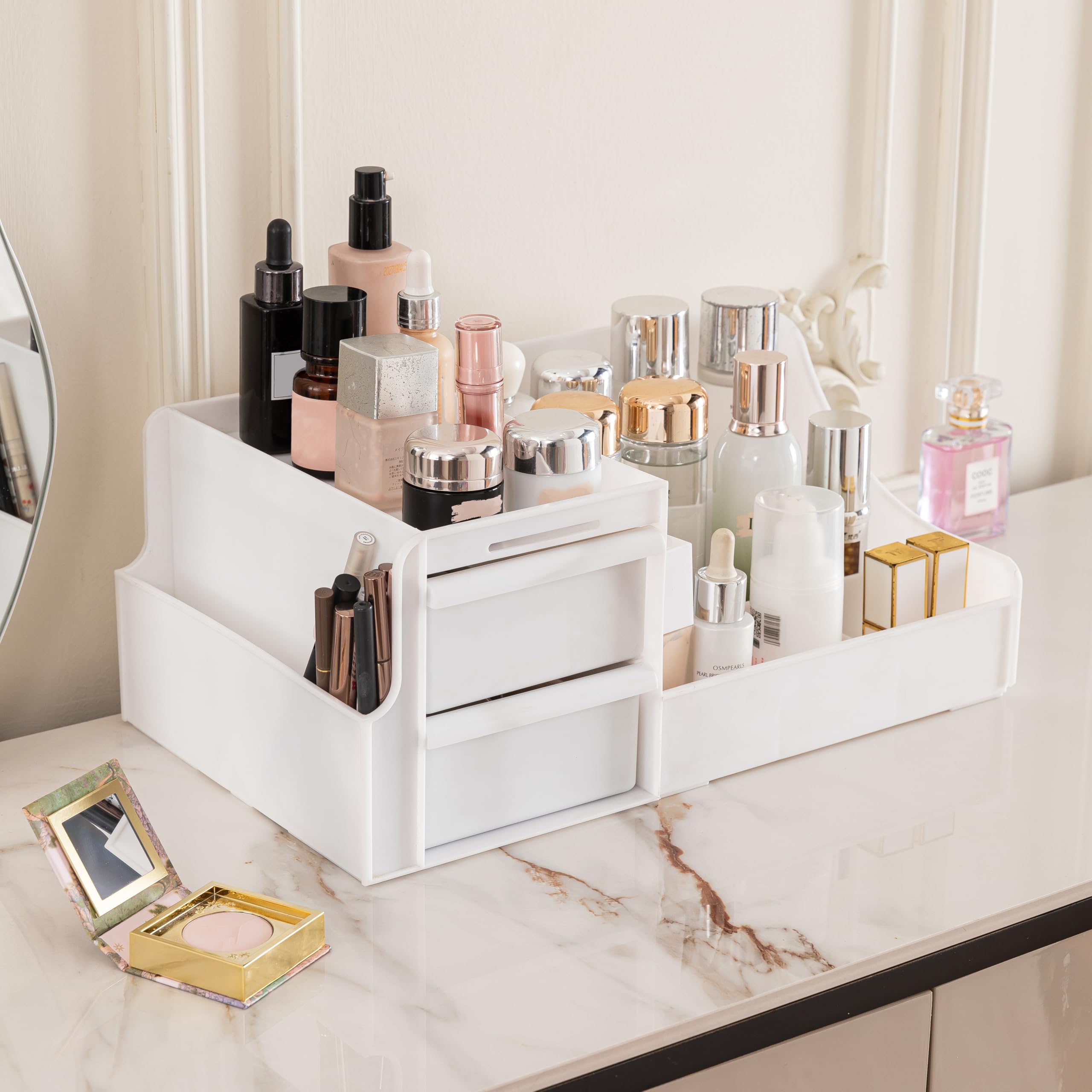 ALOXE Premium Large Makeup Organizer Stand | Upgraded Cosmetic Storage Box with Drawers for Dressing Table, Skincare & Accessories (White)
