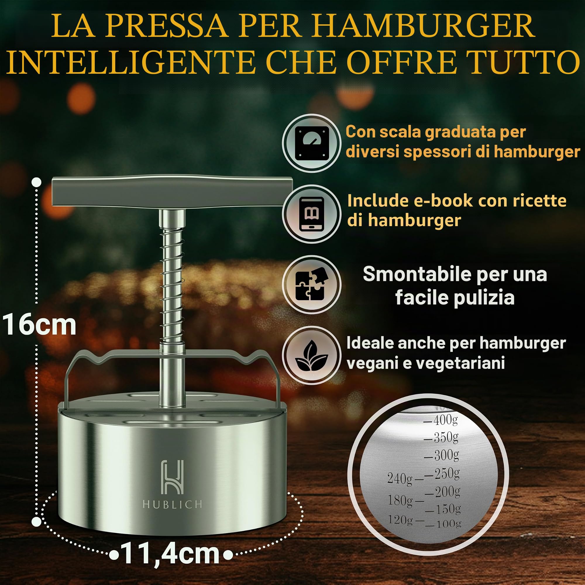 Pressa per hamburger di alta qualità in acciaio inox – pressa per hamburger – Accessorio ideale per barbecue perfetto per patties di carne macinata da 100 – 400 g – Patty Maker per succosi