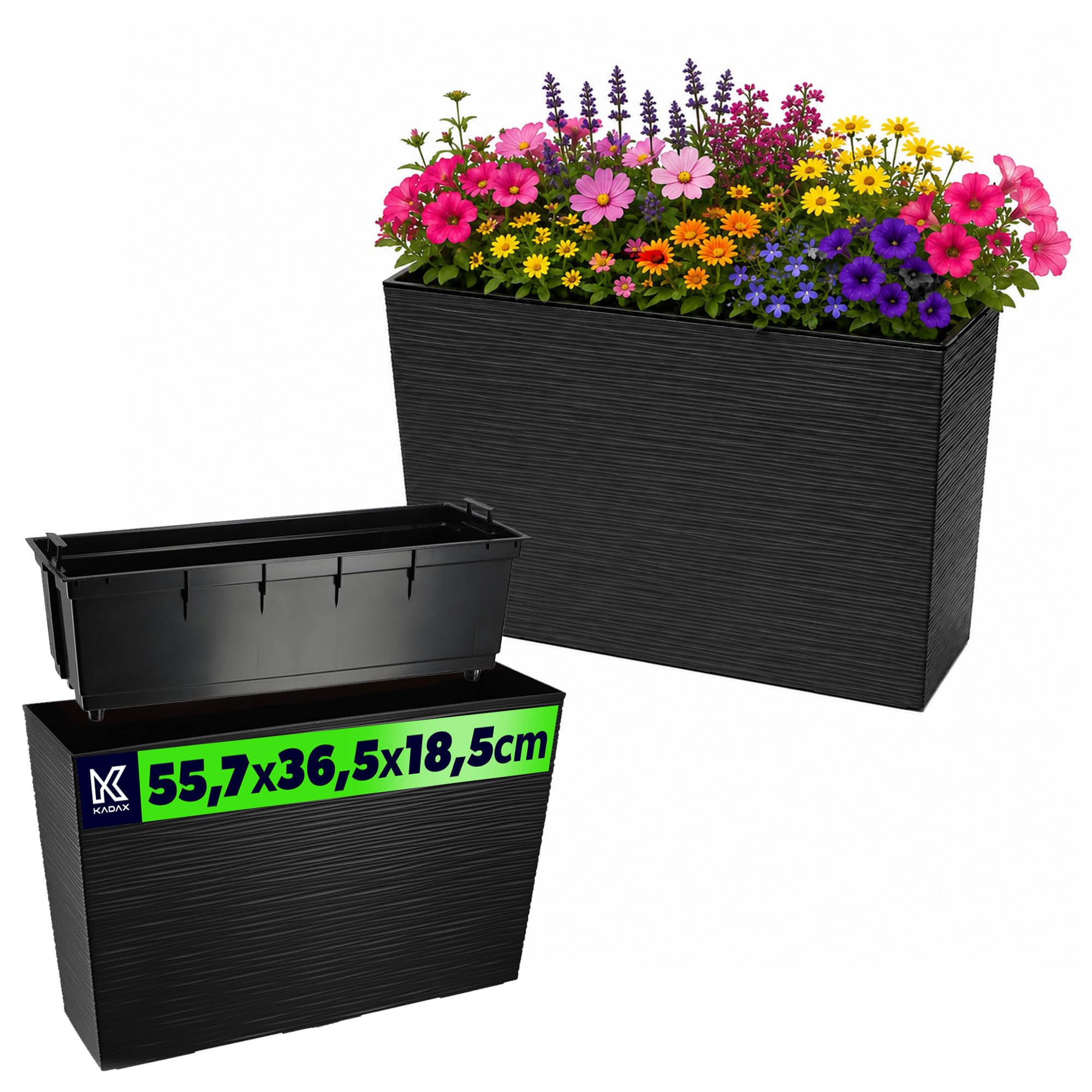 KADAX Jardiničre en Plastique, 18,5 x 55,7 cm, 5 Couleurs, Pot de Fleurs avec Bandes d'irrigation, Jardiničre de Balcon avec Insert, Cube de Fleurs (rectangulaire, Motif fissuré, Noir)