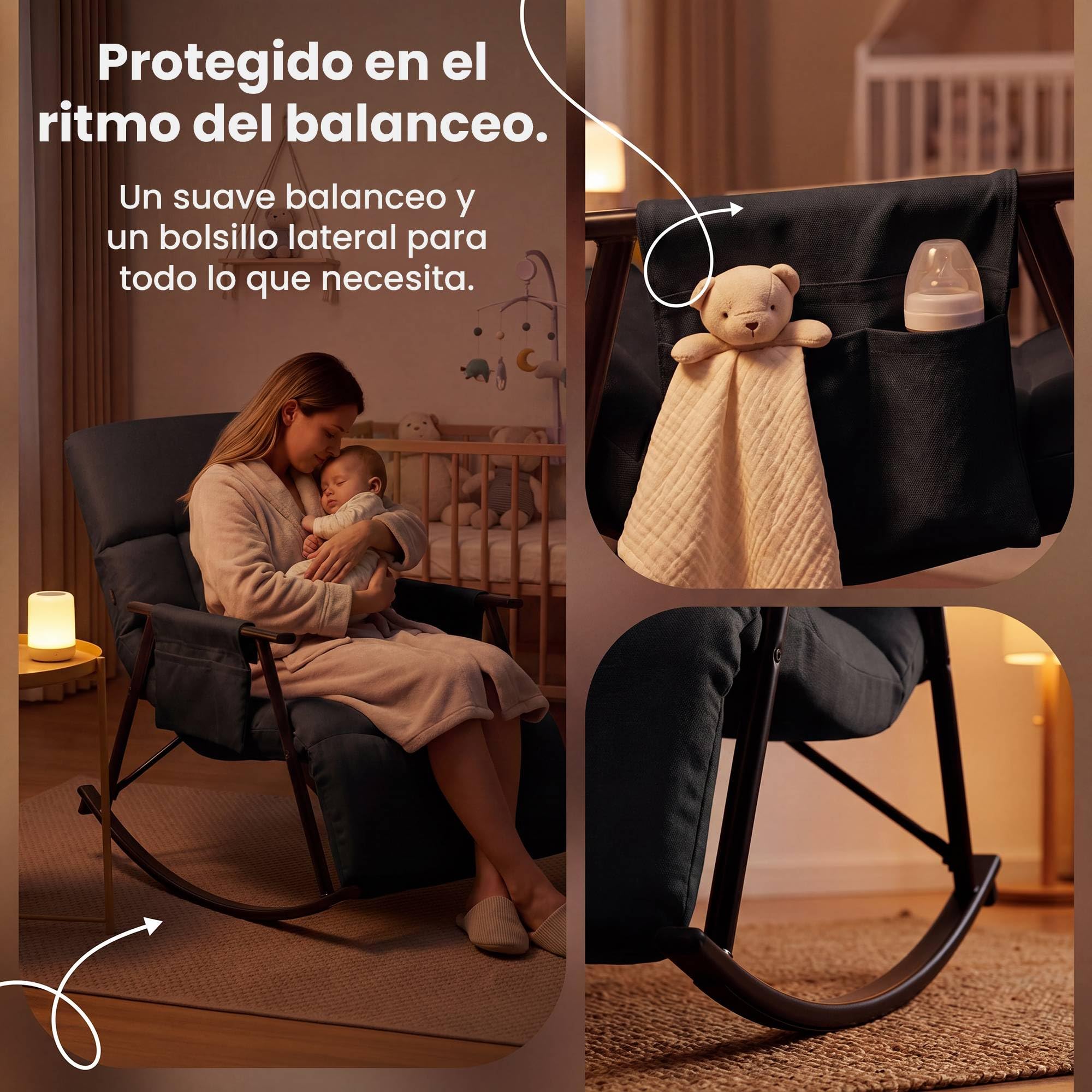 CLP Sillon mecedor Acolchado Elara con reposapies, Respaldo reclinable y Bolsillo Lateral, Apto para Lactancia Color:Negro;Material:Tela