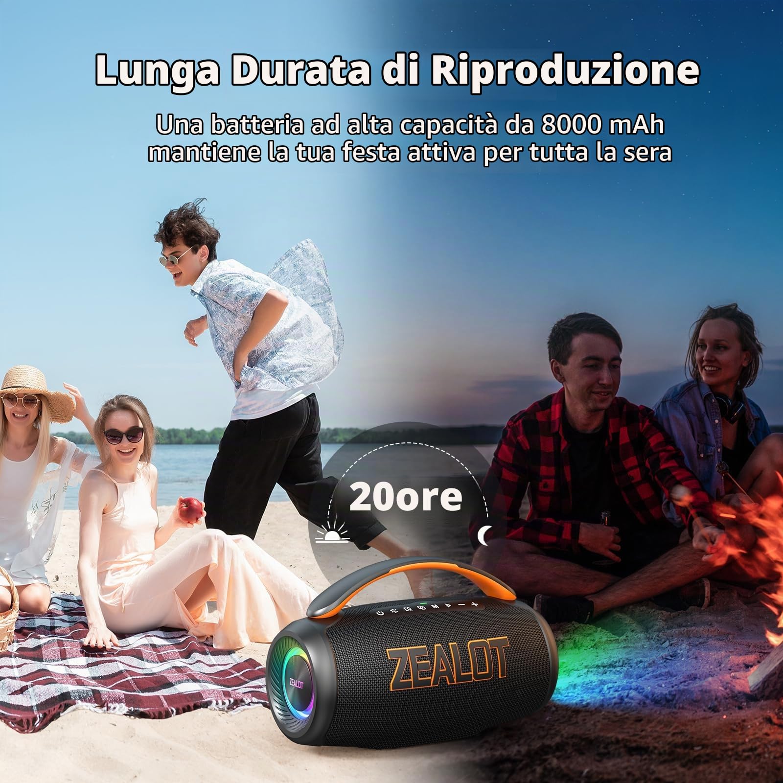 ZEALOT Altoparlante Bluetooth con Luce LED,Suono Stereo,Bluetooth 5.3,Impermeabile IPX6,funzione USB/Micro SD Card/AUX,nero