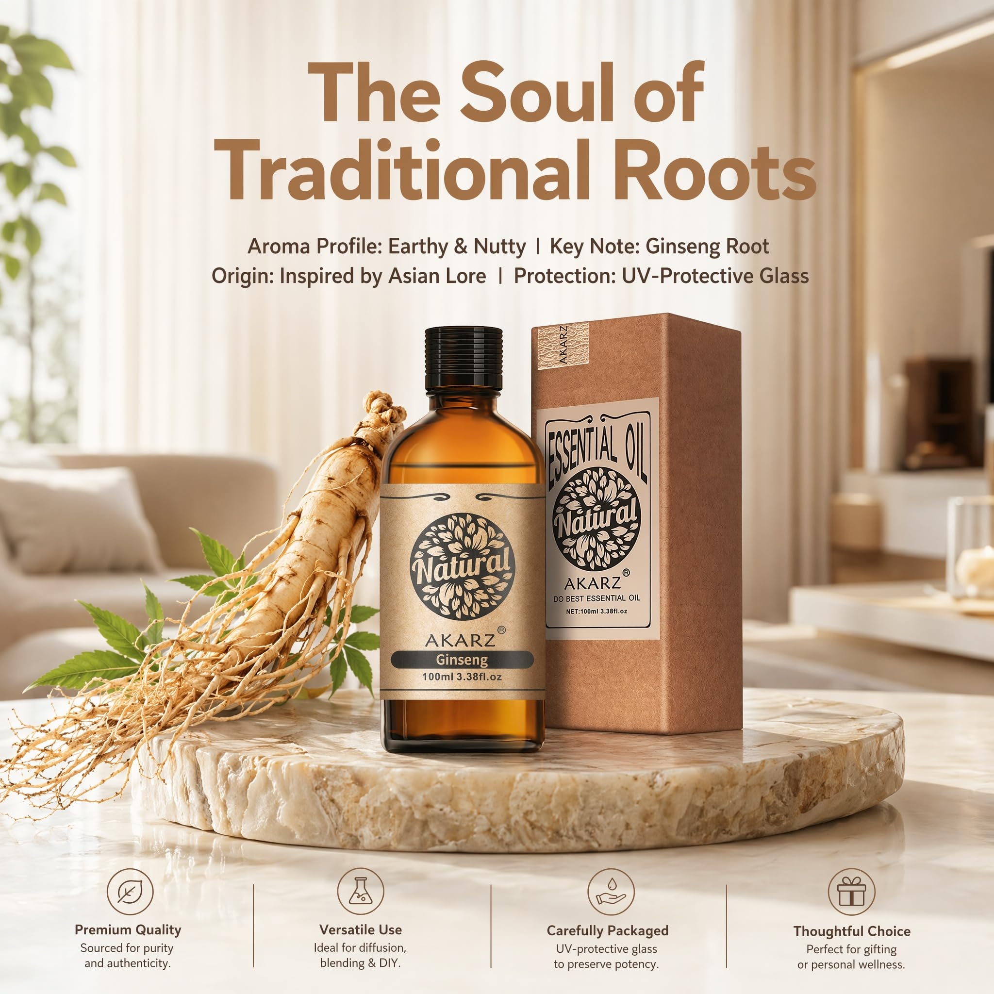 AKARZ 100ml Olejek esencjny z Ginsengu - Naturalny olejek aromatyczny do dyfuzorów, lamp aromatycznych i aromatów pomieszczeń