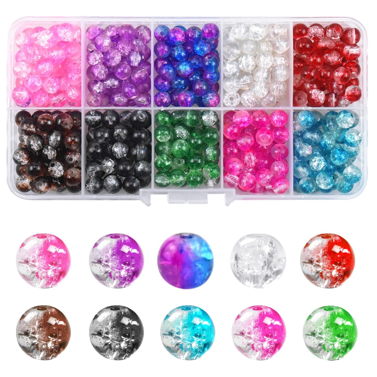 450Pcs 6mm Crackle Glass Beads, 10-Color Loose Craft Beads with Storage Box, Threading Bead for DIY Jewellery & Accessories