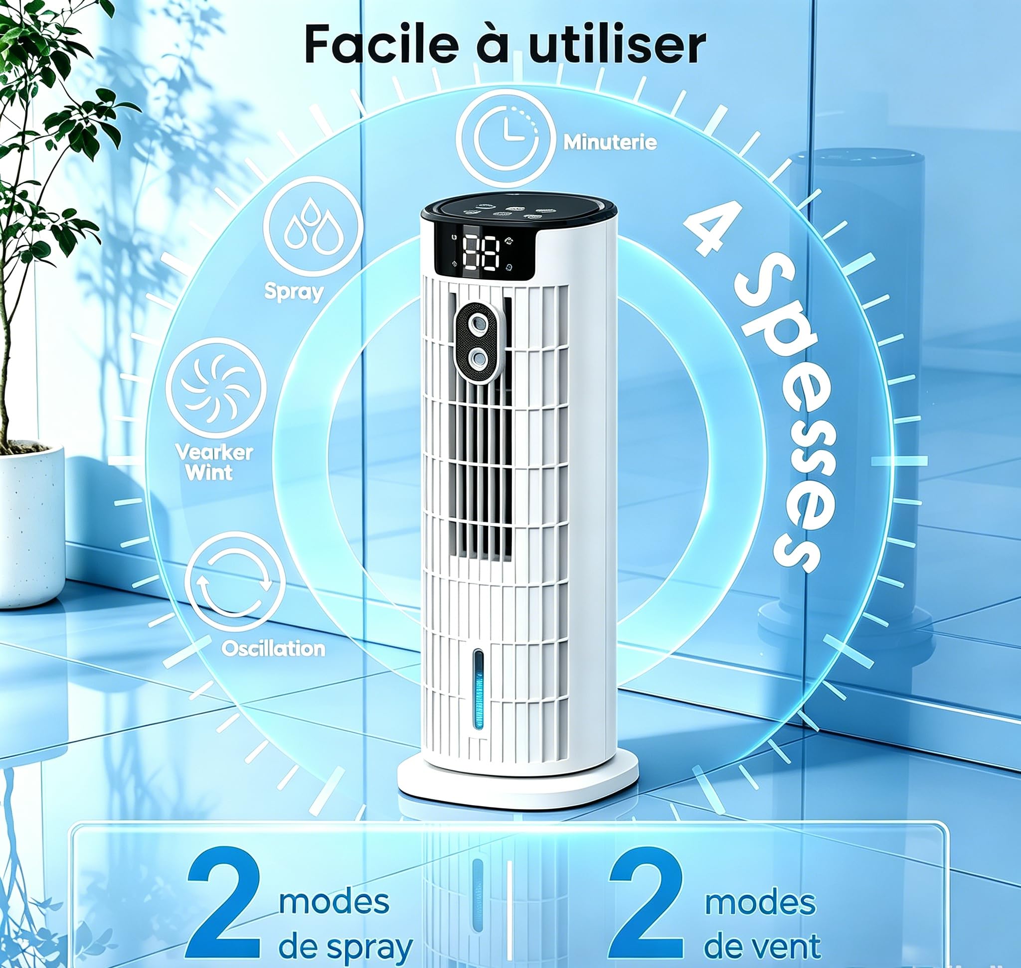 Condizionatore Portatile Senza Tubo 4 in 1, Raffreddatore d’Aria, Telecomando + Touch Con Raffreddamento Potente | Raffreddamento Con Umidificazione | Vento Forte Fino A 7,5 m/s|Silenzioso Efficiente