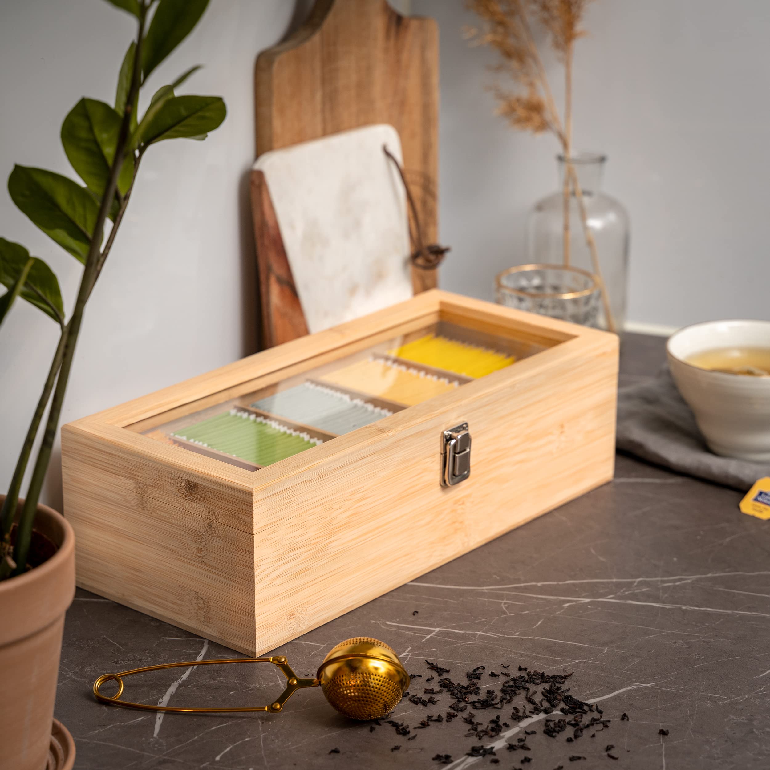 Valuna Boîte à thé en bambou H x l x P : env. 11 x 36 x 16 cm, boîte de rangement avec 5 compartiments, boîte à thé en bois pour ranger 100 sachets de thé