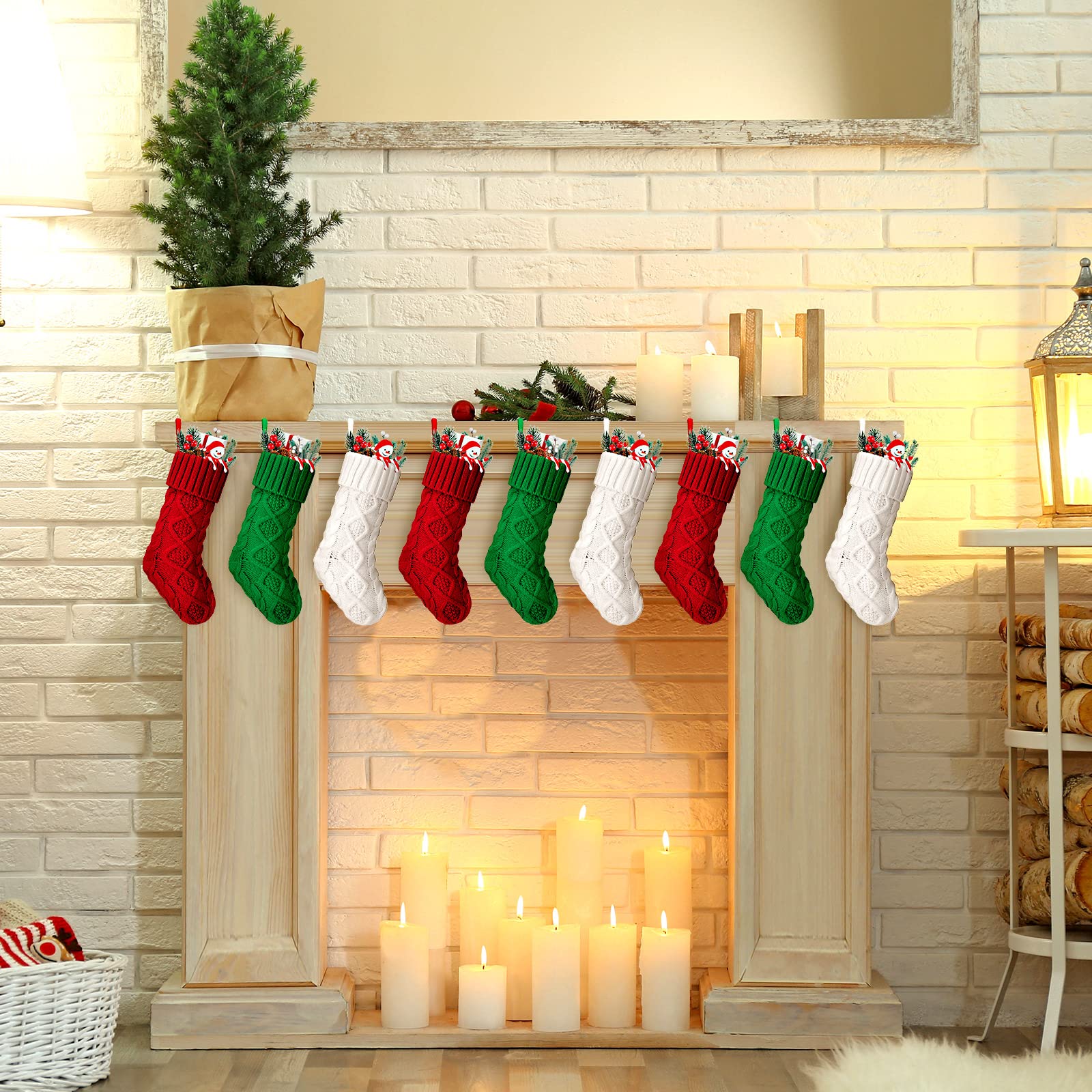 Weihnachtsstrümpfe Gestrickte Weihnachtsstrümpfe 8,3 Zoll Vintage Weihnachtsstrümpfe Rustikale Strümpfe Doppelseitige Kamin Hängende Strümpfe für Familie Weihnachtsdekoration (24, Rot, Grün, Weiß)