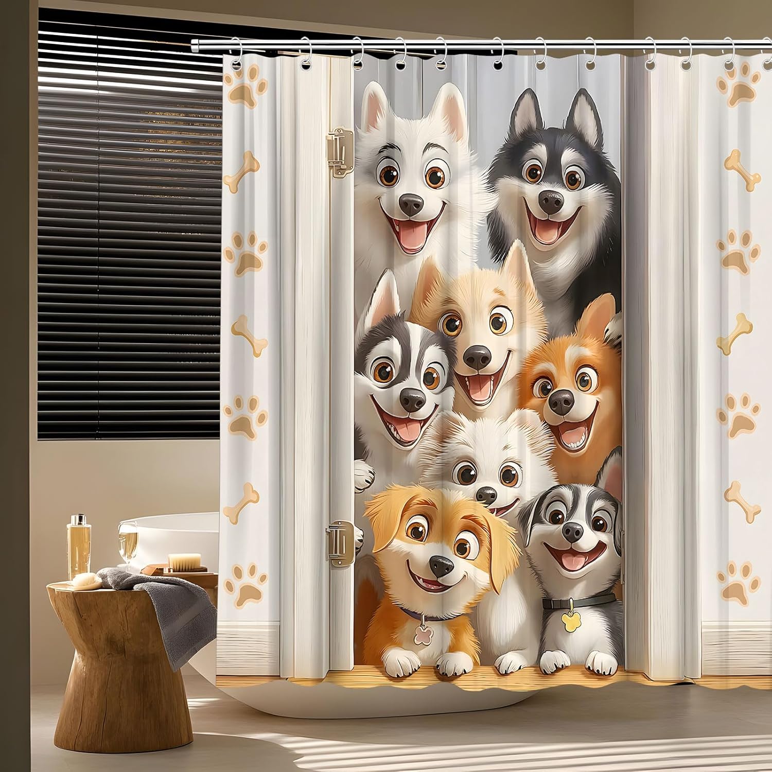 Funny Dogs Shower Curtain Cute Cartoon Animal in Door Lovely Pets Paws Print Bone Watercolor Farmhouse Wildlife Wooden Board Bath Curtain Fabric Bathroom Accessories Decor with Hooks 70W x90L