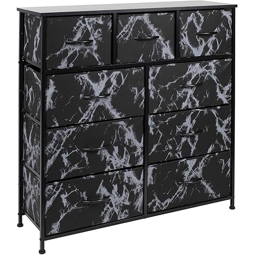 Sorbus Dresser with 9 Drawers - Furniture Storage Chest Tower Unit for Bedroom, Hallway, Closet, Office Organization - Steel Frame, Wood Top, Fabric Bins (Marble Black – Black Frame)