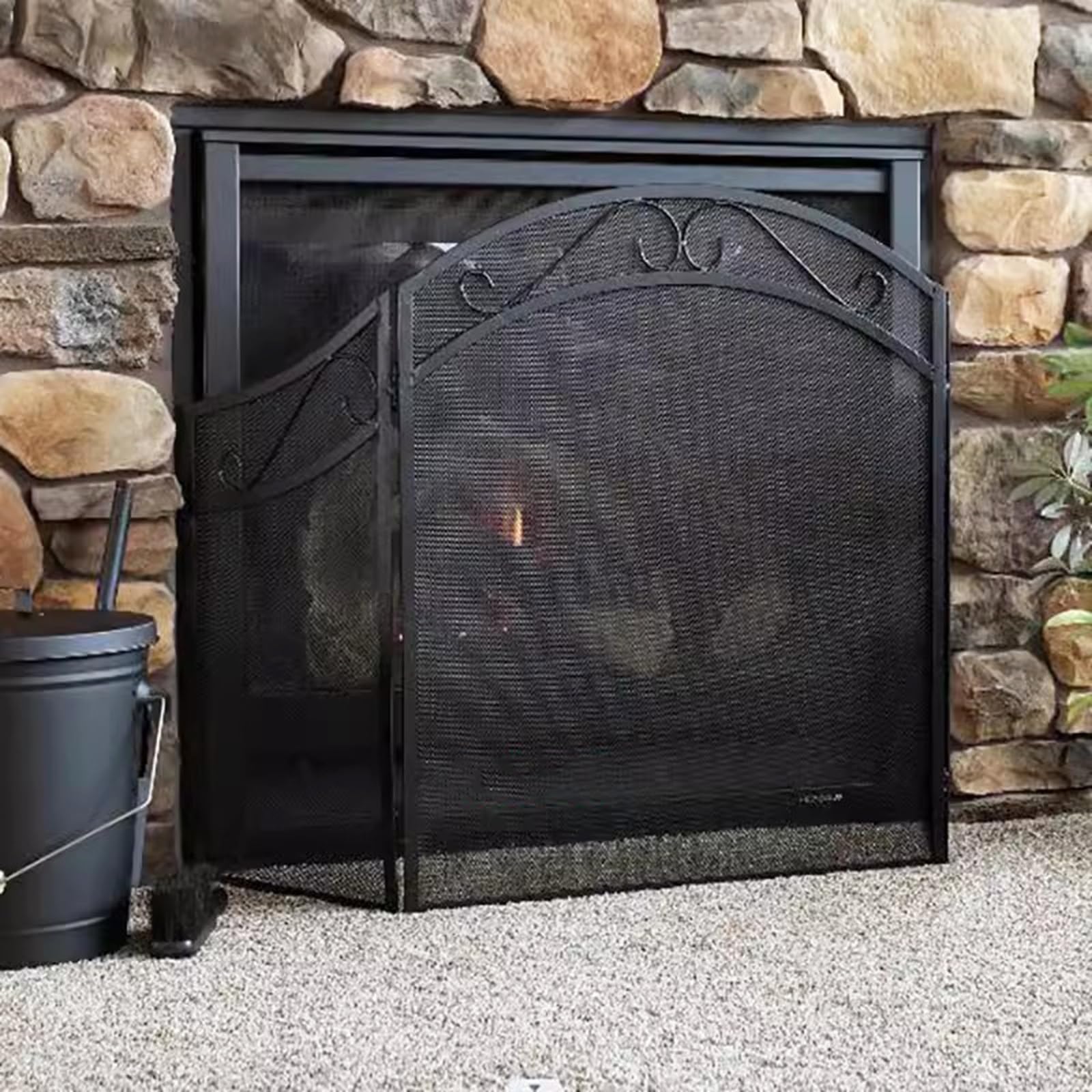 GTPBAO Salvachispas Chimenea Pantalla De Malla De Hierro Forjado Negra para Chimenea: Protector De Chispas Plegable De 3 Paneles para Estufa De Leña, 128×78cm