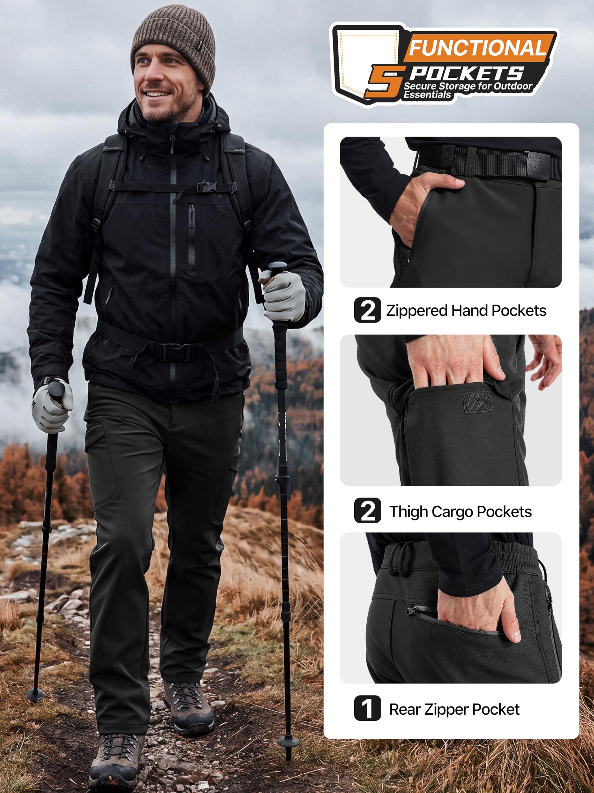 Free Soldier, pantaloni cargo da uomo in softshell foderati in pile da neve e trekking (nero A-Regular 40W x 30L)