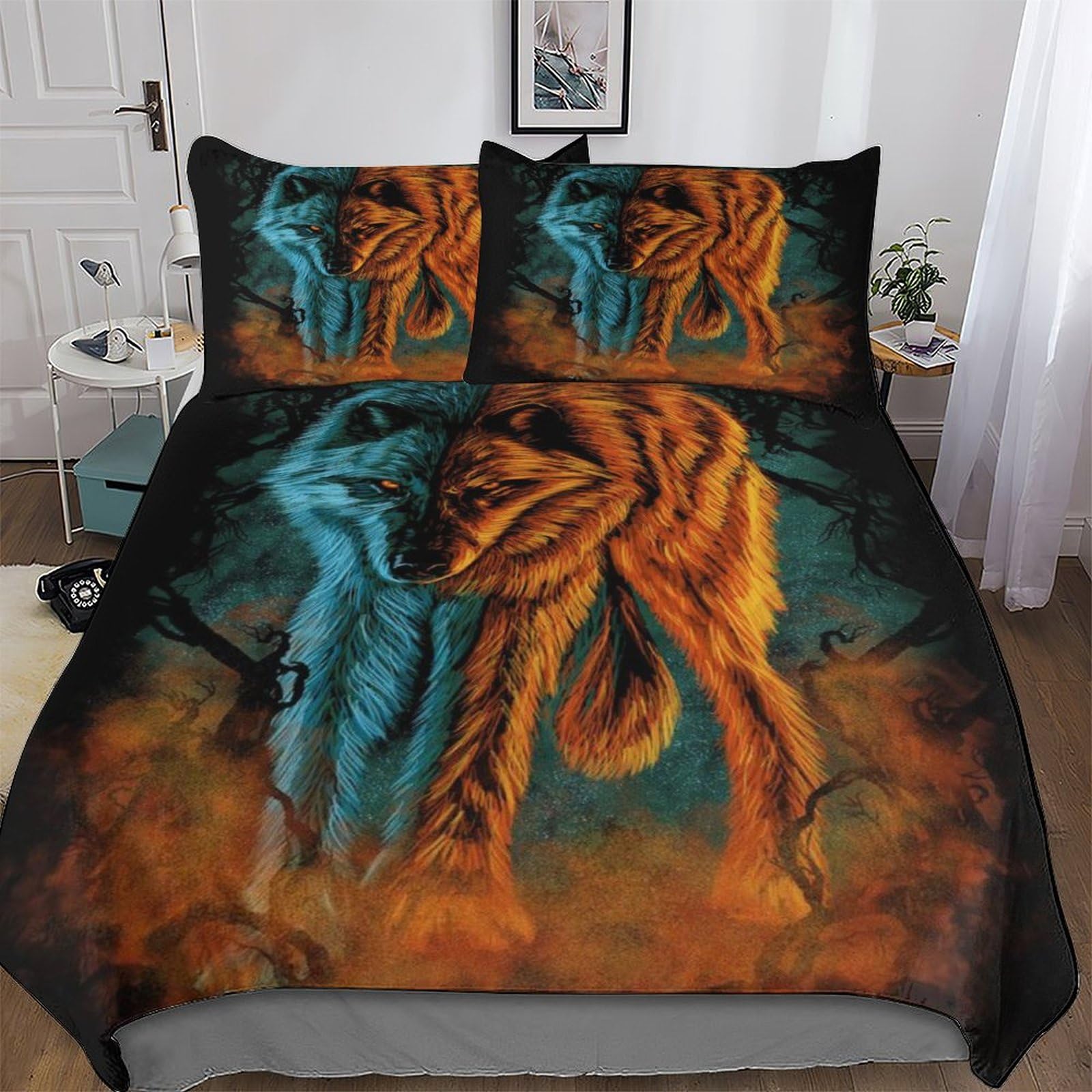 Housse de couette loup pour chambre adulte et enfant parure de lit douce 3 pièces