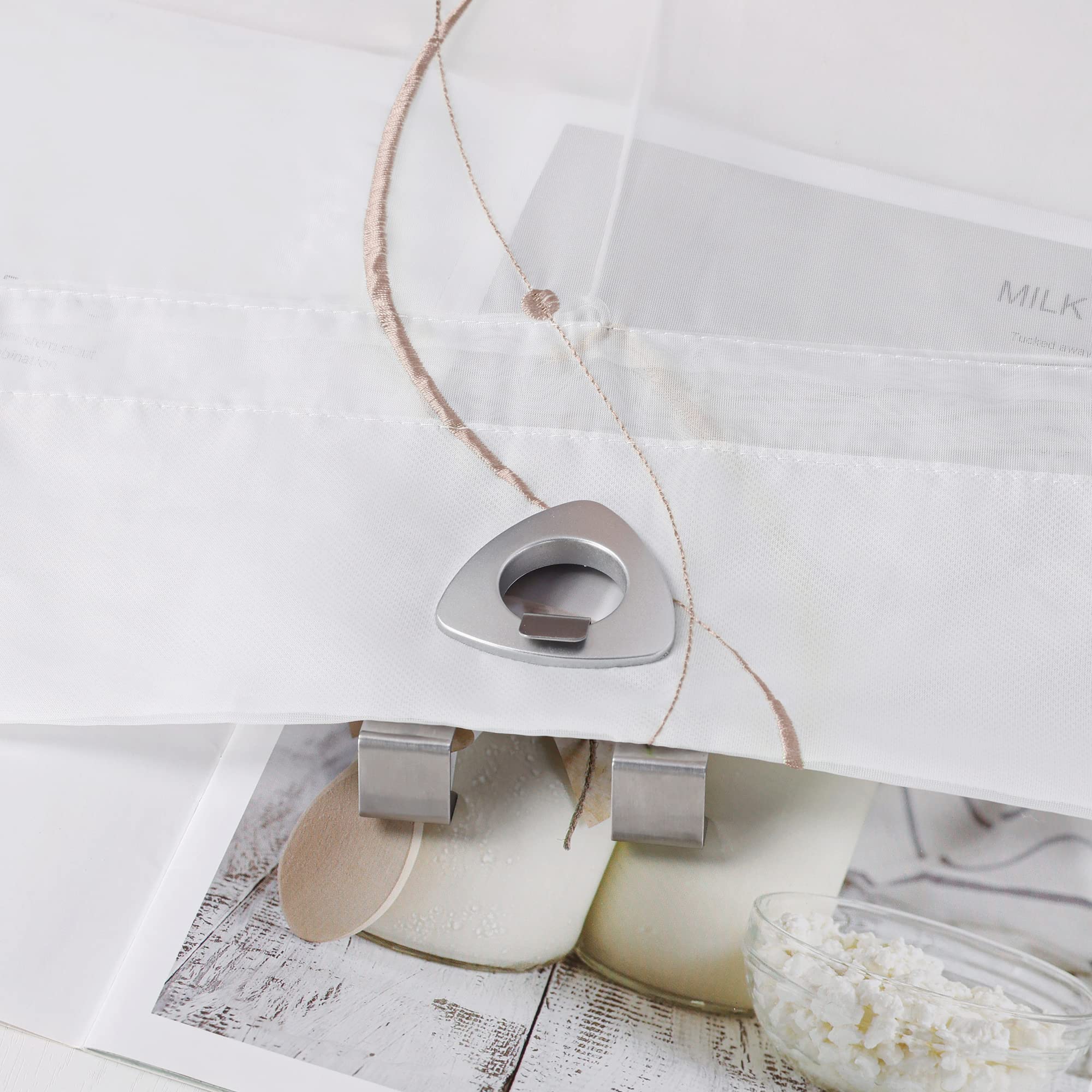 ESLIR Tenda a pacchetto senza fori, colore bianco, con occhielli, trasparente, con ganci a U, moderna, ricamata, beige, 100 x 140 cm, 1 pezzo