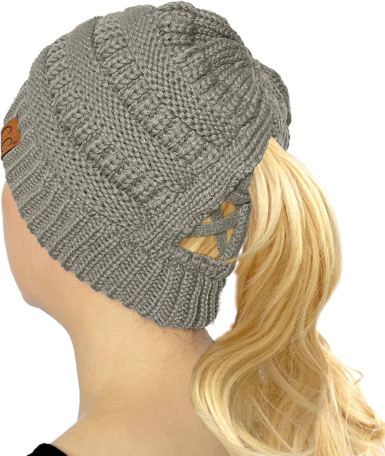 C.C Beanie for Women Winter Hats Ponytail Hole Criss Cross Hat Messy Bun High Ponytail Knit Cap