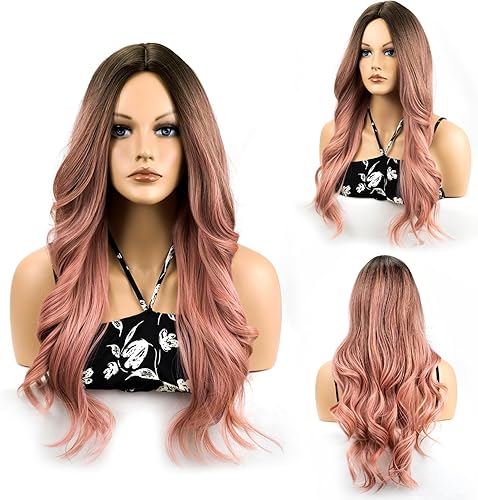 MocNeavian Peluca larga ondulada rubia rosa para mujer, peluca sintética resistente al calor con flequillo
