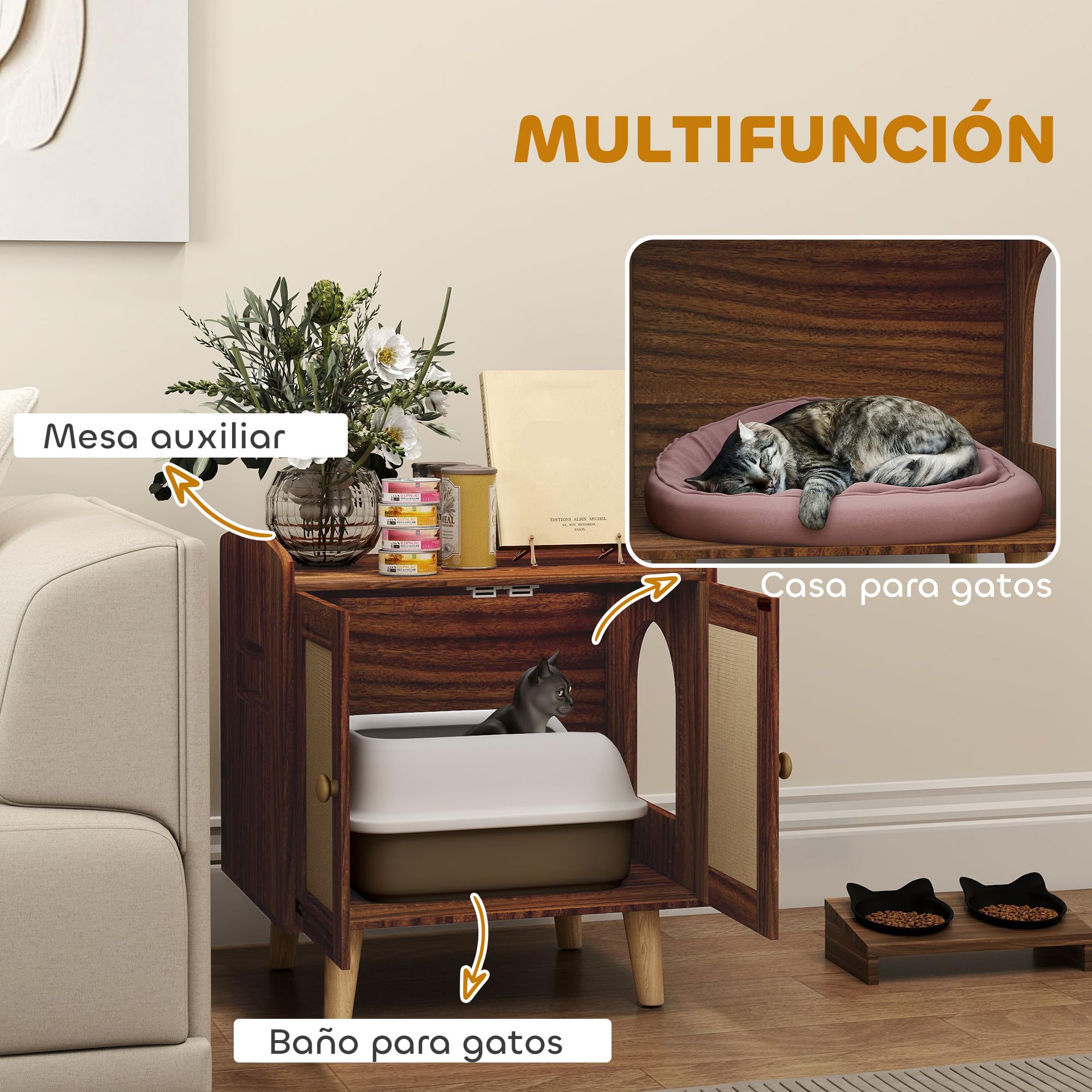PawHut Mueble Arenero para Gatos Mesa Auxiliar 55x43x59,6 cm Marrón | Caja de Arena para Gatos, con Puertas, Esteras de Sisal, Patas de Madera, para Salón Dormitorio