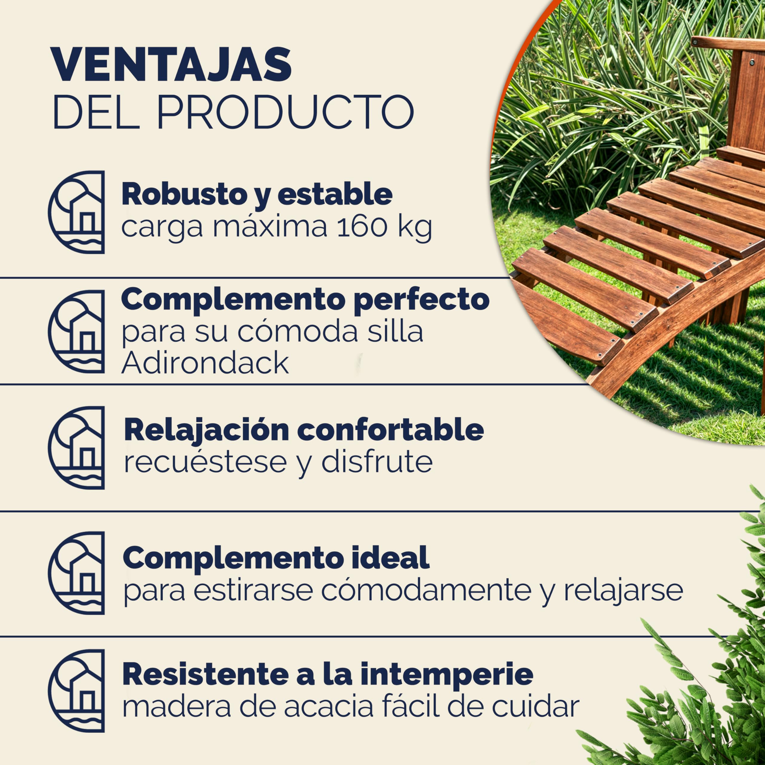 CASARIA Reposapiés para Silla de Madera de Acacia Adirondack 7 Travesaños 48x46x32cm Resistente Intemperie
